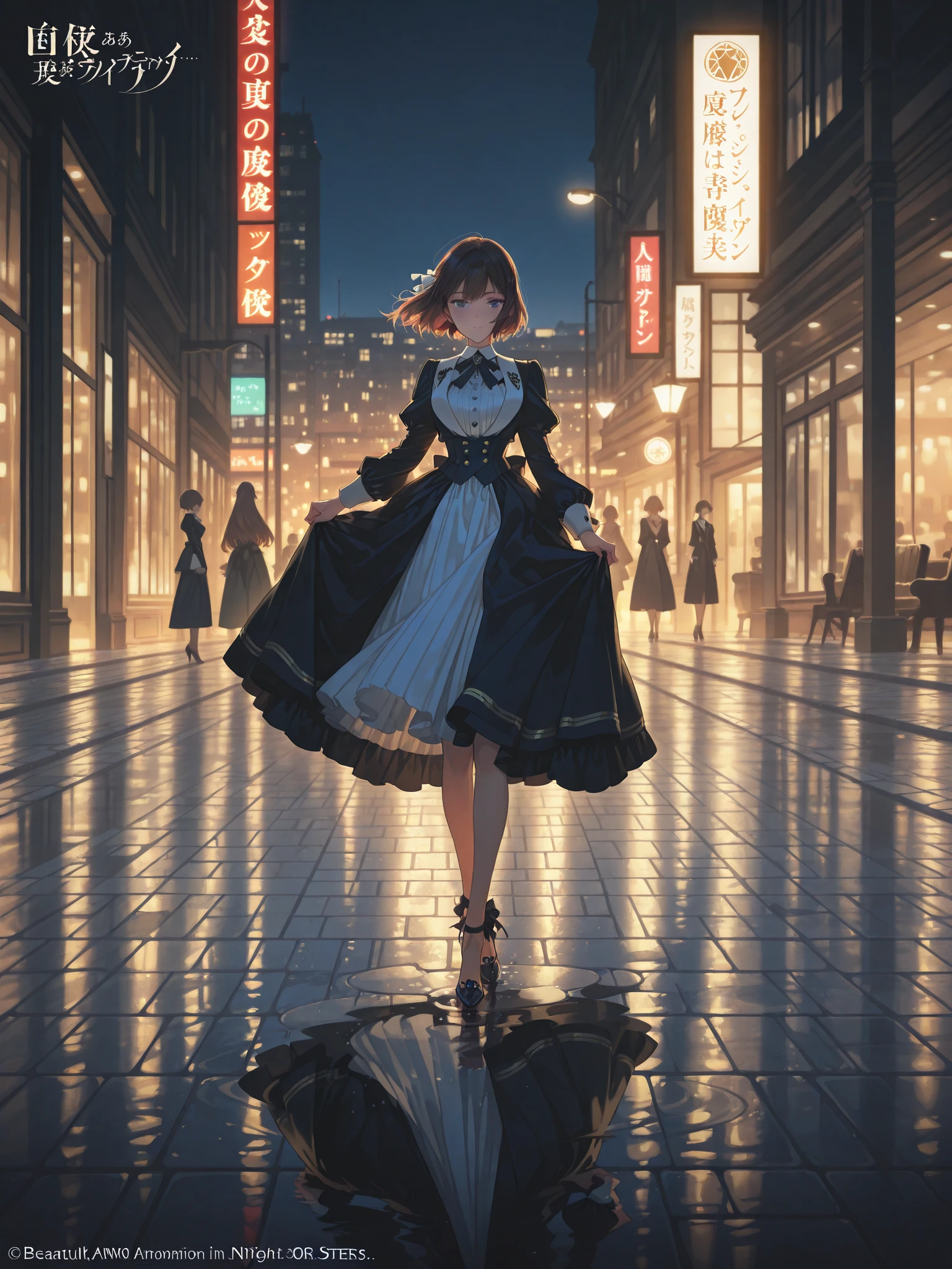 8k，((looking at the camera in:1.2)),(nearing perfection:1.4),dynamic,smooth ,Focus sharp,Lighting,Vibrant brushstrokes, bold colour,Be expressive, Emotional, offcial art,Unity8k wallpaper,ultra - detailed,Beautiful and beautiful,tmasterpiece,Best quality at best,1 girl,beautiful eyes，The content is very detailed,dynamic,(Ruffled skirt)，(medium:1.3),Chaos in its most beautiful form,Elegant,designs,Vibrant colors,(Corner store，fleeing，the night，shoe)，