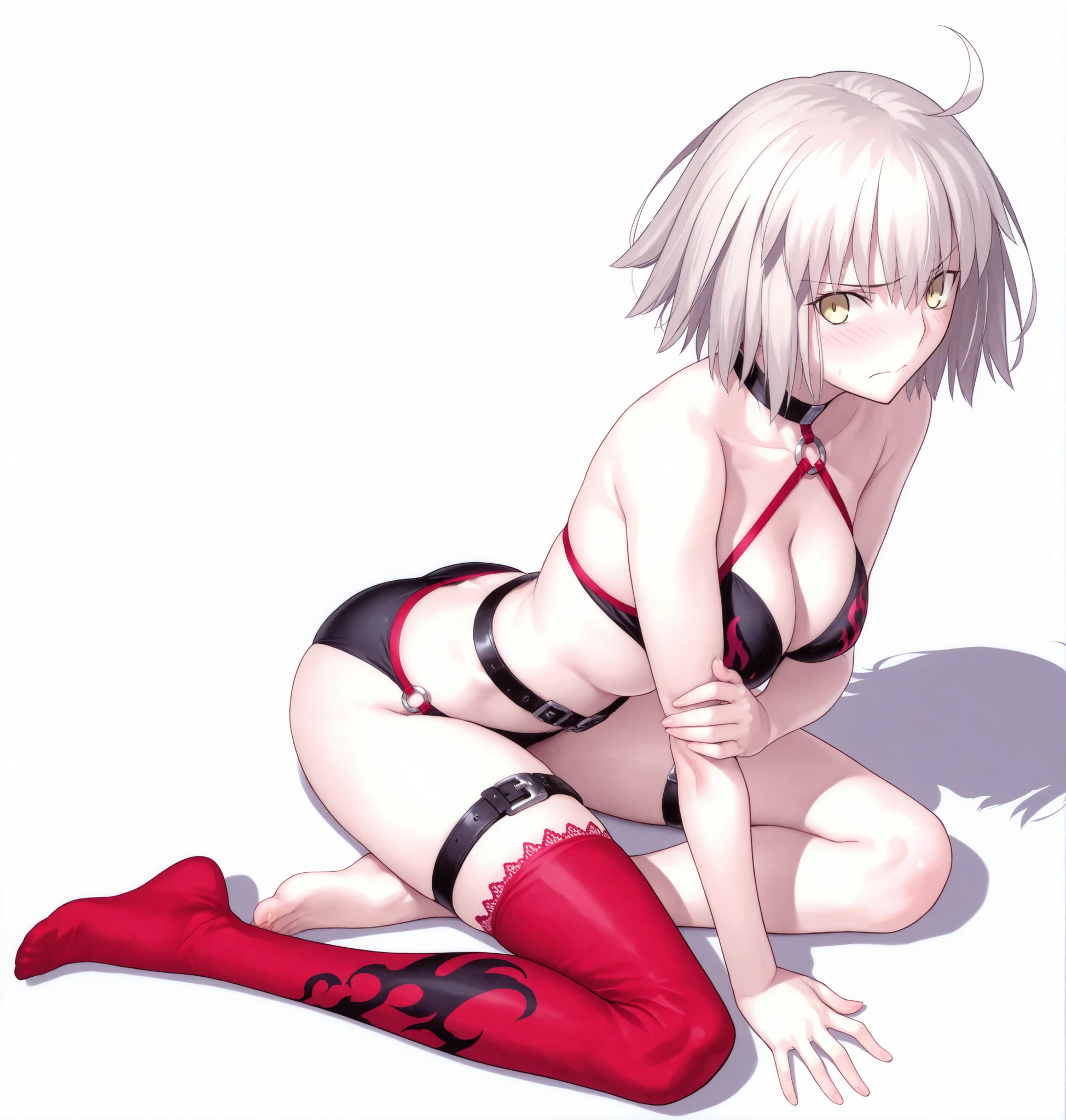 masterpiece, , absurdres, highres, detailed background, high resolution, masterpiece, necessary, detail, best quality, quality, necessary, details, High details, Precise, 8k, ,(white background, simple background ,), shot ,                                             
                                                                                                                                                                                                                         1girl, ,  (type-moon) style, ,Takeuchi Takashi style, (aged up), long legs, (sitting ,yokozuwari), hold own arm, bent over,     
   
very tall girl, girl, slim arms ,Jeanne d'arc alter , short hair ,yellow eyes, light gray hair, choker, o-ring, black bikini, flame print, Thigh Strap, belt, (Single Thighhigh), red thighhigh , ,medium breasts ,looking at viewer, from above, light embarrassed, , 