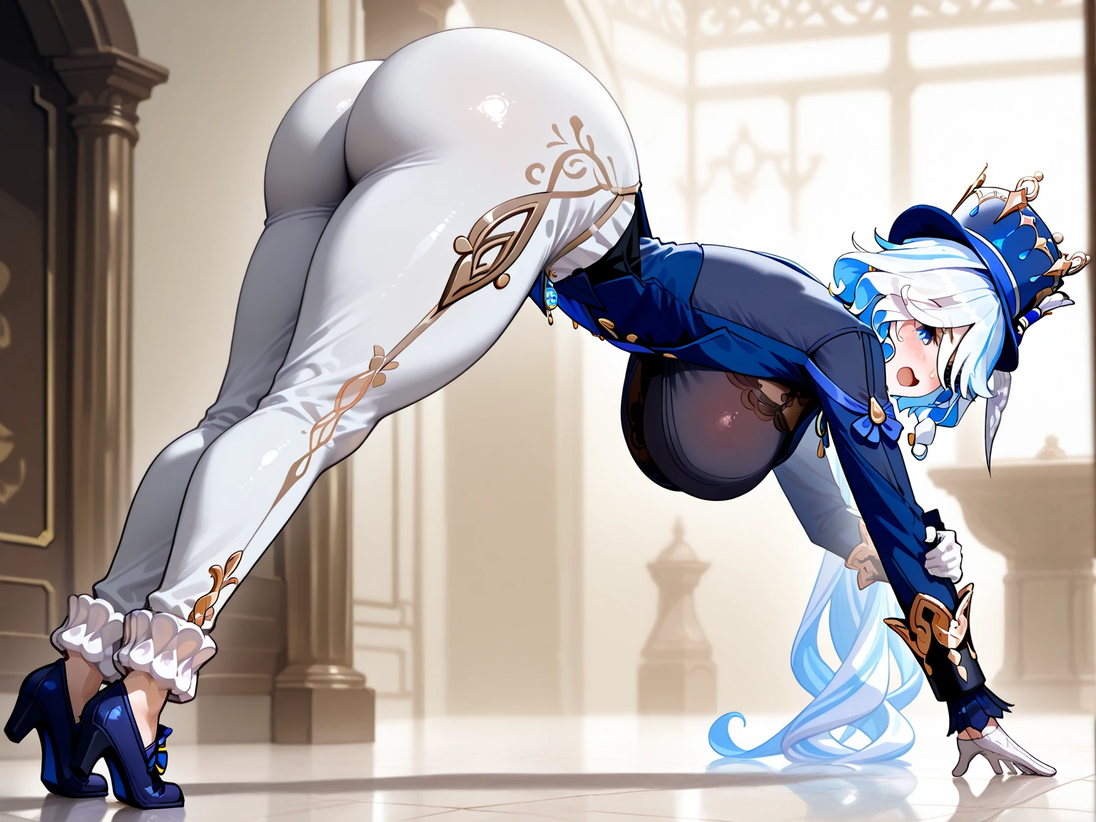 <lora:Nier_YorhaCommander-PONY:0.8> 1girl, solo, white background, niershireikan, blonde hair, ponytail, hair ornament, blue eyes, white leotard, white gloves, highleg leotard, white boots, thighhighs, top down bottom up, jack-o challenge, score_8_up, score_7_up, score_6_up, score_5_up, score_4_up,