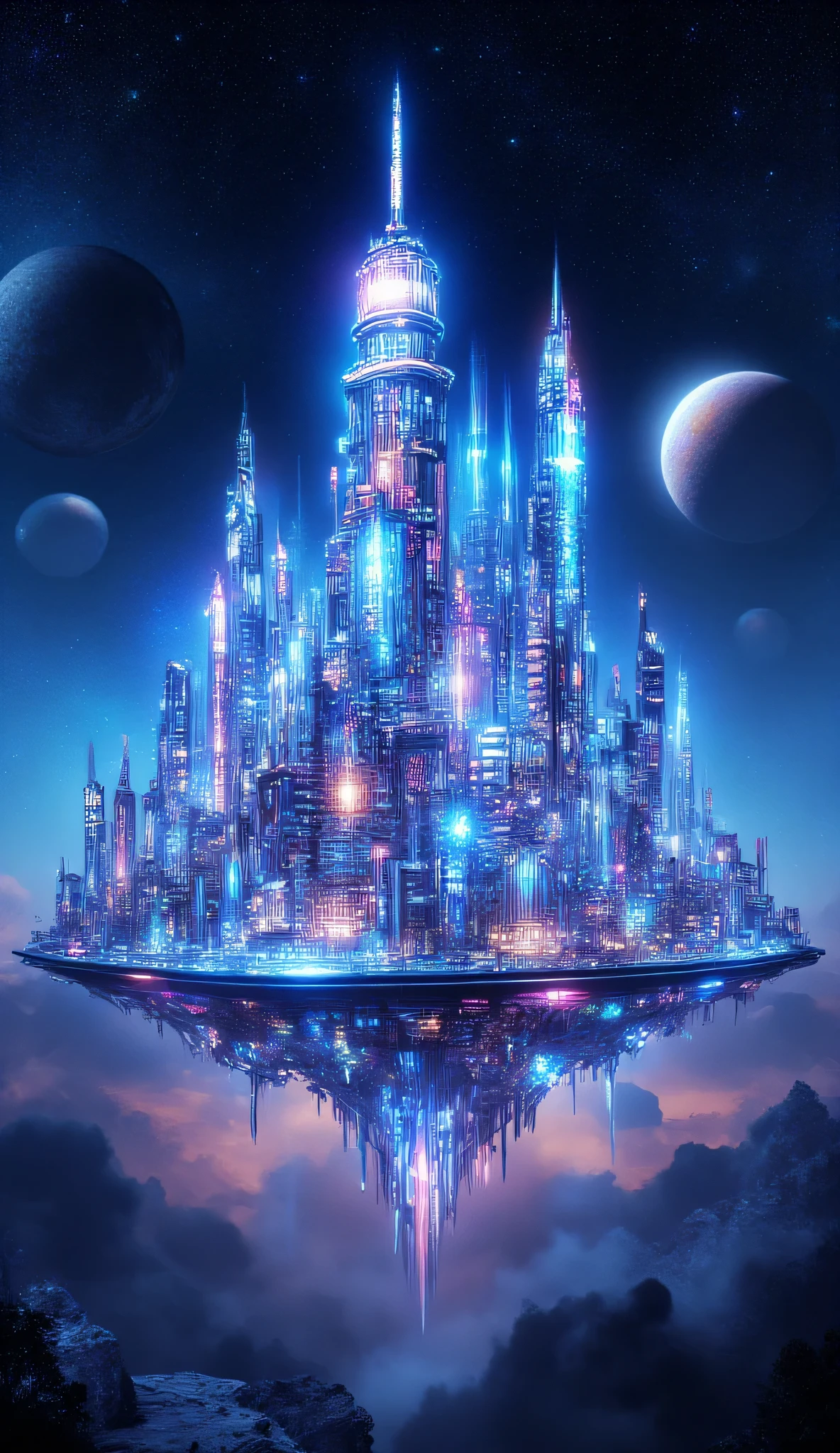 A futuristic floating city in the sky at night, made of glass and crystal, with neon lights casting vibrant reflections. The city floats among the stars, planets visible in the background, high-technology architecture.
- futuristic, nighttime, neon-lit, reflective surfaces, high-tech, starry background, vibrant colors, HDR, ultra realistic with extreme details quality, natural beauty