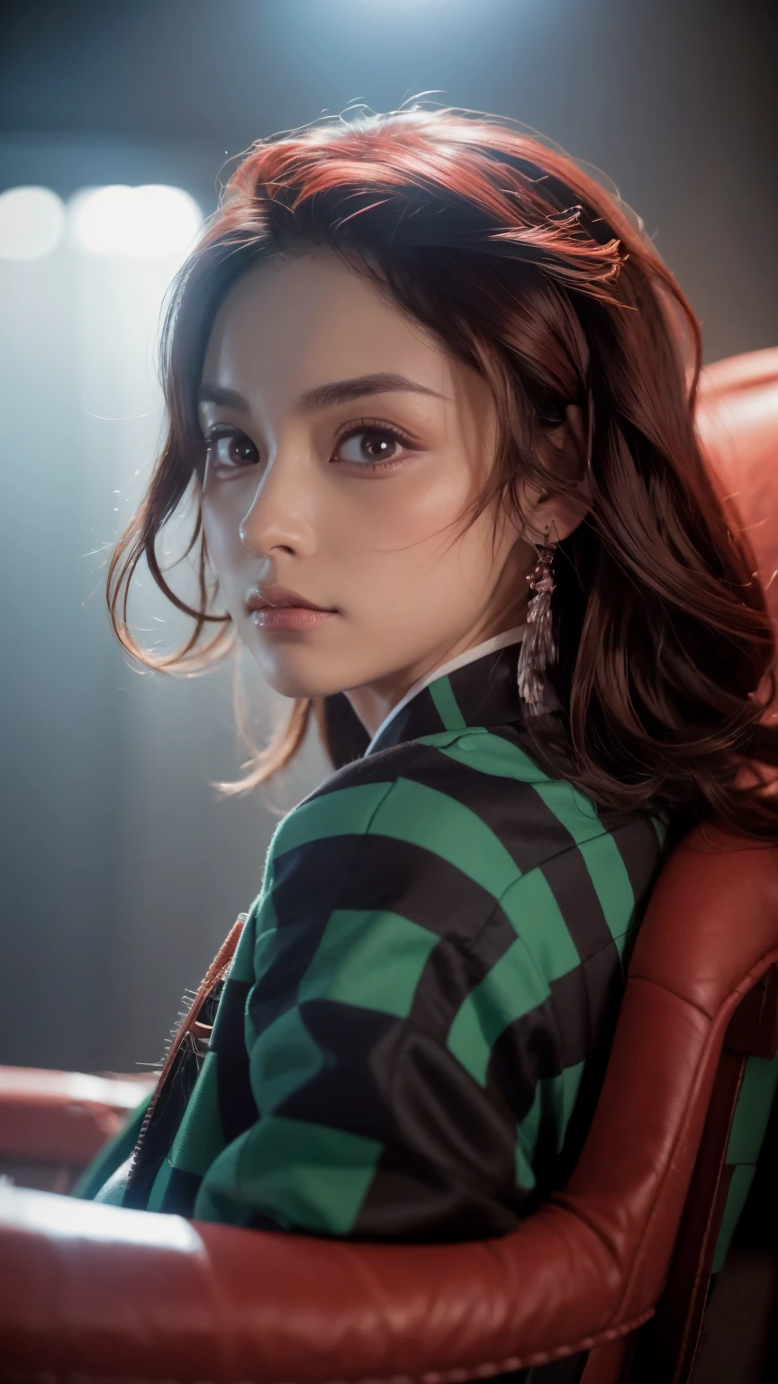 Realistic portrait of Tanjiro Kamado from Demon Slayer,  green and black checkered coat, Red Hair, Highly detailed face and eyes,  Beautifully Detailed Lips ,  long eyelashes,   Detailed Hair  ,  Masterpiece, 8k,  photorealistic,  Dramatic Lighting,  movie,  chiaroscuro, Sulky,  dark,  Powerful expression , Realistic portrait of Tanjiro Kamado from Demon Slayer with a red fire mark on his left forehead 