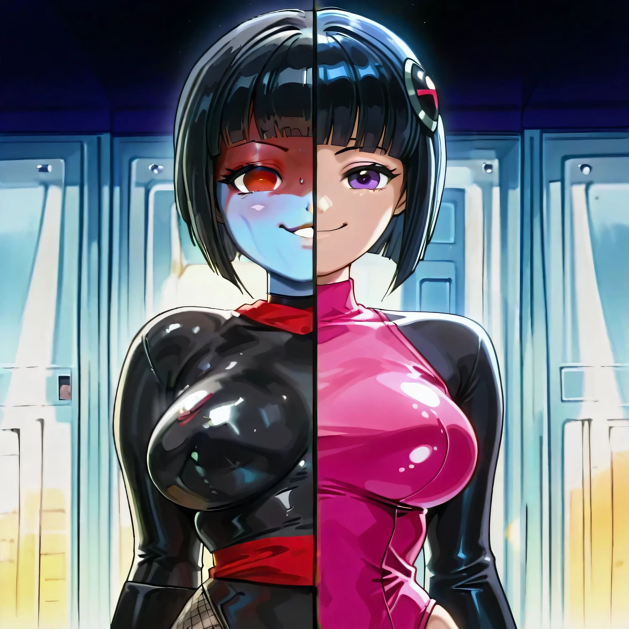 (((Masterpiece))), (((Best Quality))), ((Super Detail)), ultra-High resolution, score_9,score_8_up,score_7_up,score_6_up,score_5_up,score_4_up, BREAK, source_anime, anime screencap, uncensored, Masterpiece, (best shadow), (absurdres), (detailed background), (very aesthetic), detailed beautiful eyes, outstanding, an exquisite animation illustration, curvy, highres, (((solo, 1girl))), hair ornament, pose, submissive pose, anime style, anime coloring, animification, megami magazine, pose, large , Kotomi Takanashi, black hair, short hair, bob cut, blunt bangs, standing, standing at attention, standing still, looking at viewer, upper body, (((spl1tscr33n, spl1tf4c3, spl1tfr4m3,,splitscreen, splitface, splitframe,,split screen, split face, split frame))), smile, Kotomi's leotard outfit, turtleneck, white thigghhighs, zettai ryouiki, pink leotard, leotard, black sleeves