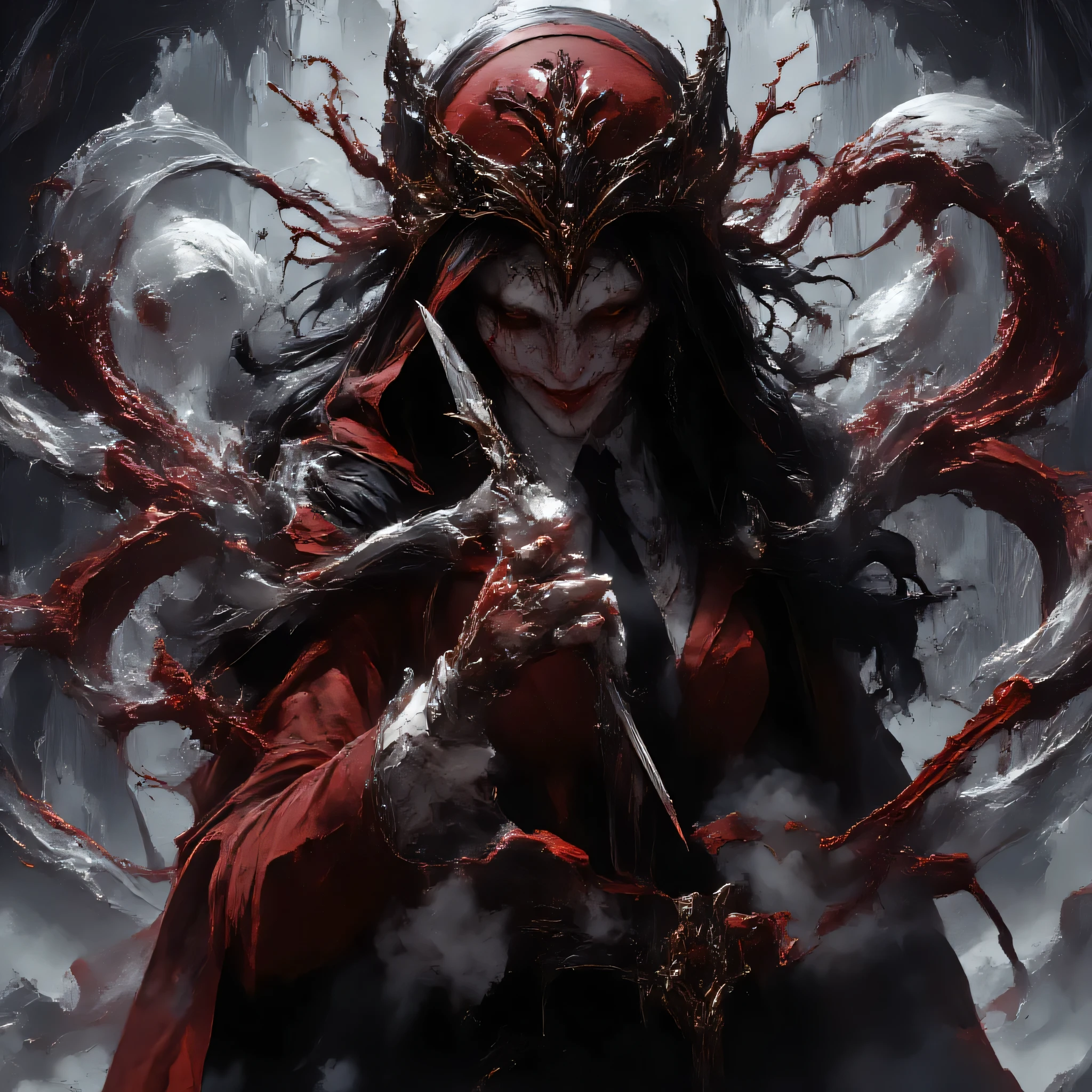 horror show,monster,nightmare,fear,horror show,Character concept art of a sinister female antagonist — long black hair, stitched smile, red uniform jacket, black tie, holding scissors as her weapon. Clean digital line art with detailed shading and expressive pose.
