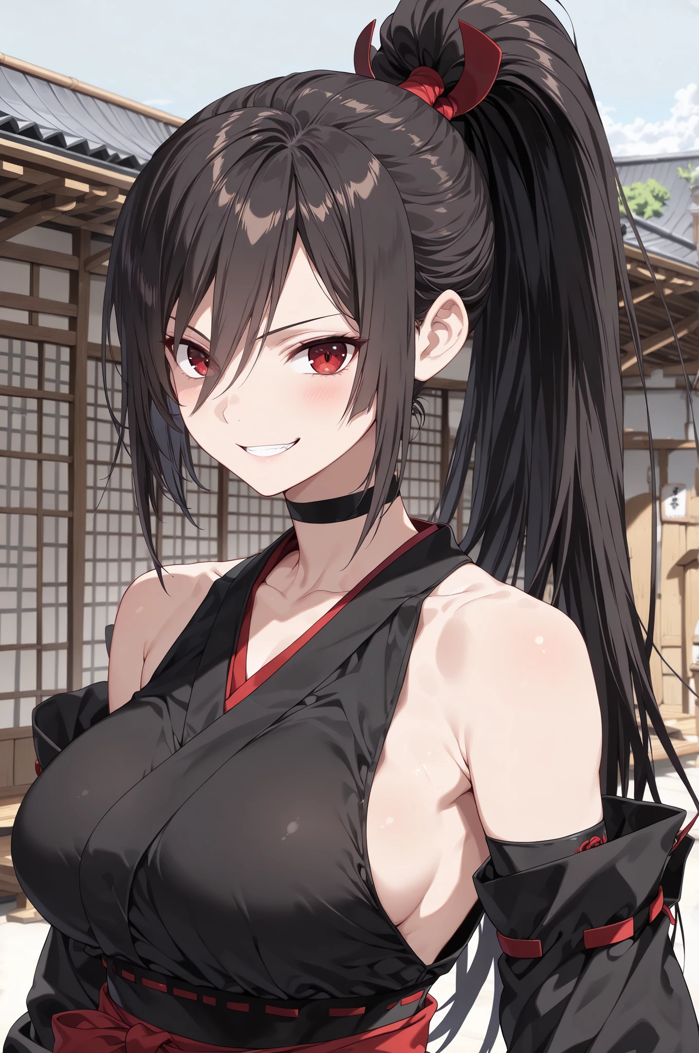 vector art, clean lines, smooth shading,
(masterpiece:1.3), (best quality:1.3), (ultra-detailed:1.2), (score_9:1.3), (8k:1.3), (high resolution:1.3), (very detailed:1.2), (highres:1.2), (high detail:1.2), A 2D digital anime-style illustration of a young female samurai, long black ponytail, sharp red eyes, cool defiant smile, tall, large breasts, shoulders and chest covered, wearing black high neck cropped sleeveless innerwear garment Detached sleeves with red accents and matching hakama skirt, high neck cropped sleeveless innerwear garment, black boot, upper body shot