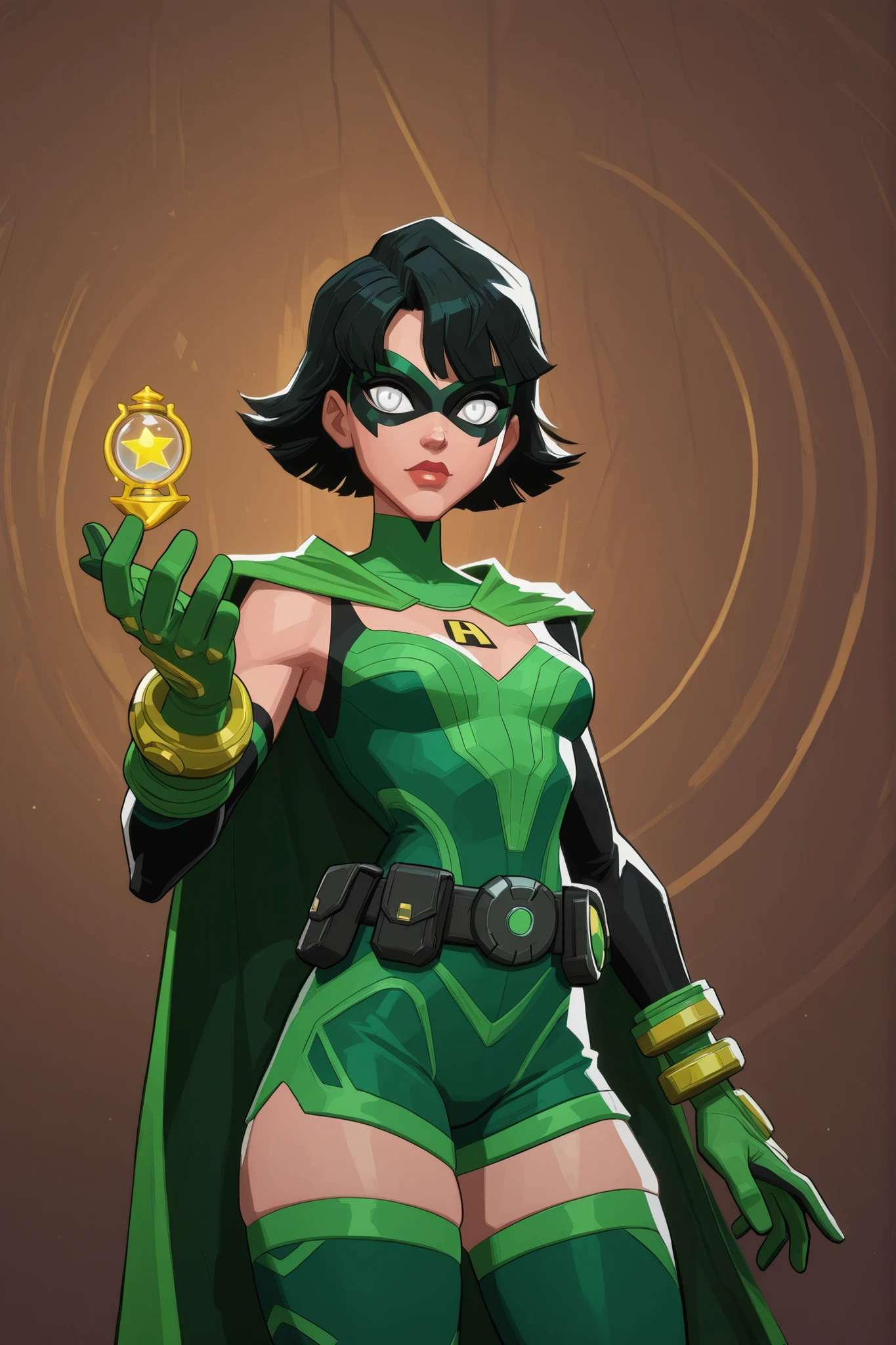 A young girl, wearing a red and green suit with a yellow "R" on the left side of the chest, green shorts, a black utility belt, a black-yellow cape, green gloves, and green leggings. She also wears a black domino mask with white eyes. athletic body, thick thighs, small breasts, hourglass shape body, black hair. character design, 2.5 cartoon style, 8k ultra HD, high quality, good lighting, bold outlines 