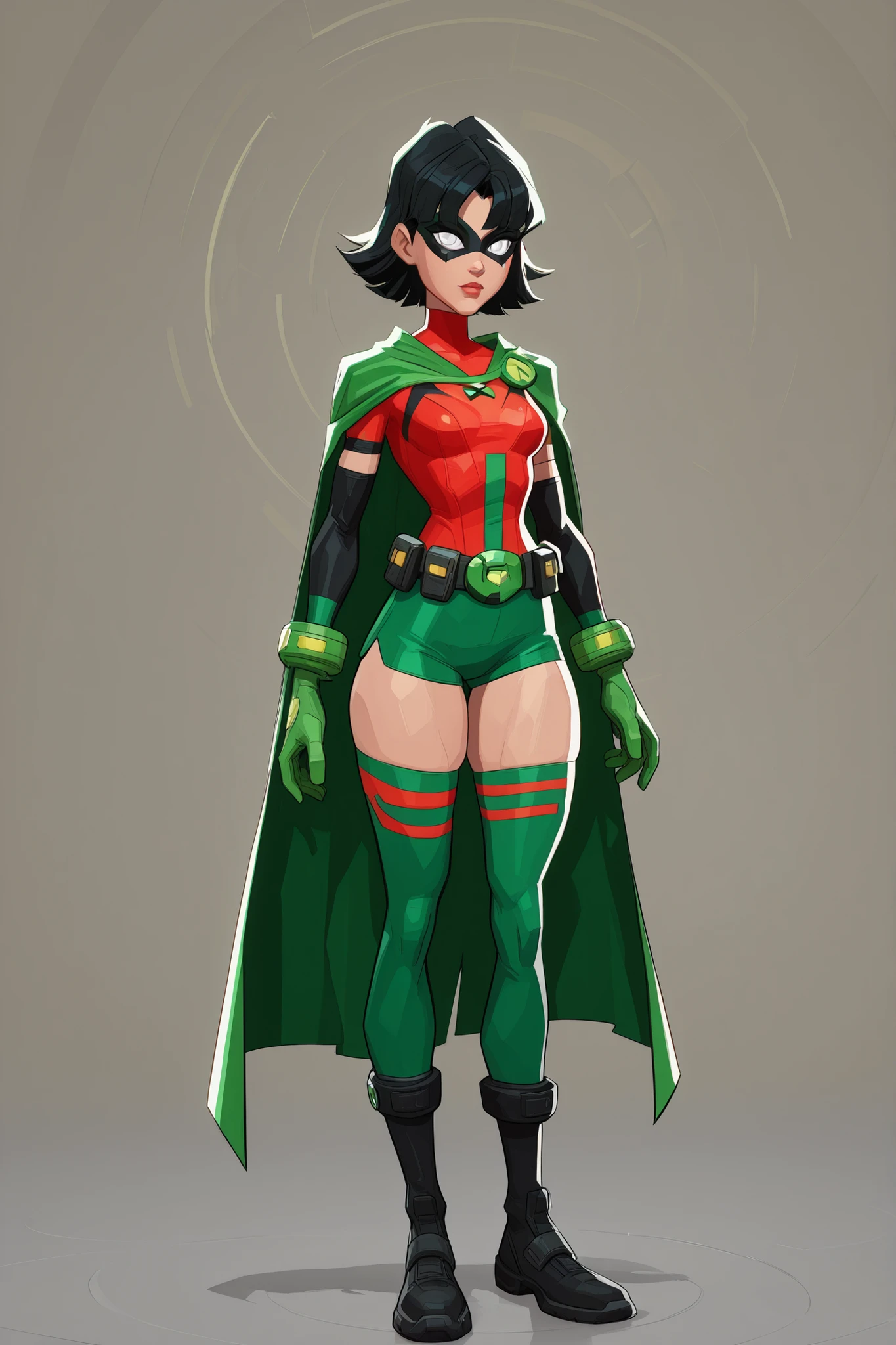 A young girl, wearing a red and green suit with a yellow "R" on the left side of the chest, green shorts, a black utility belt, a black-yellow cape, green gloves, and green leggings. She also wears a black domino mask with white eyes. athletic body, thick thighs, small breasts, hourglass shape body, black hair. character design, 2.5 cartoon style, 8k ultra HD, high quality, good lighting, bold outlines 