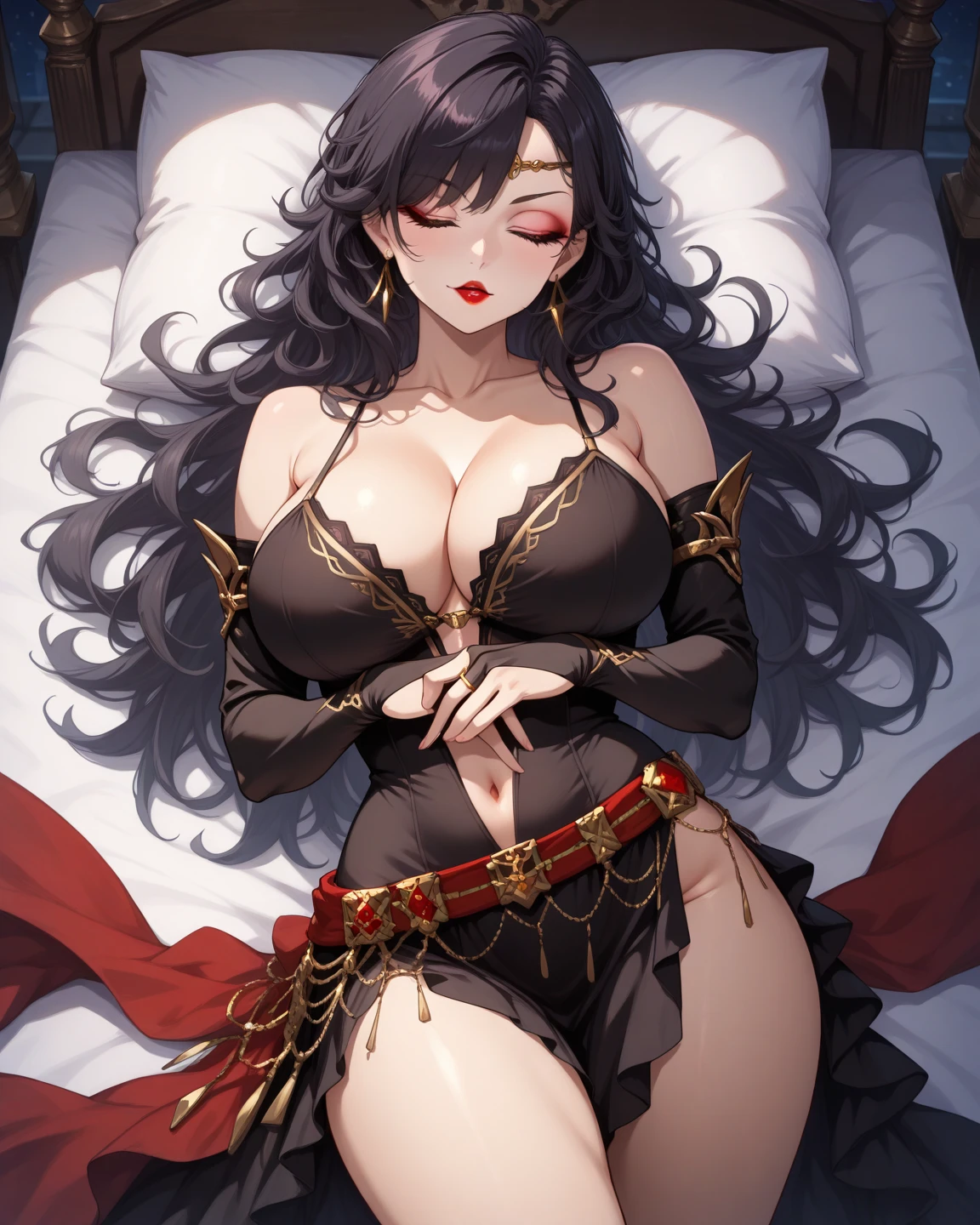 A woman with big ，victorian style，clavicle，romantic long dress，Prominent and smooth underboob，exquisite，Intricate details，Complex textures，pubic，innominate bone，(blush:1.2)，weak，(Lying in bed)，leg rings，