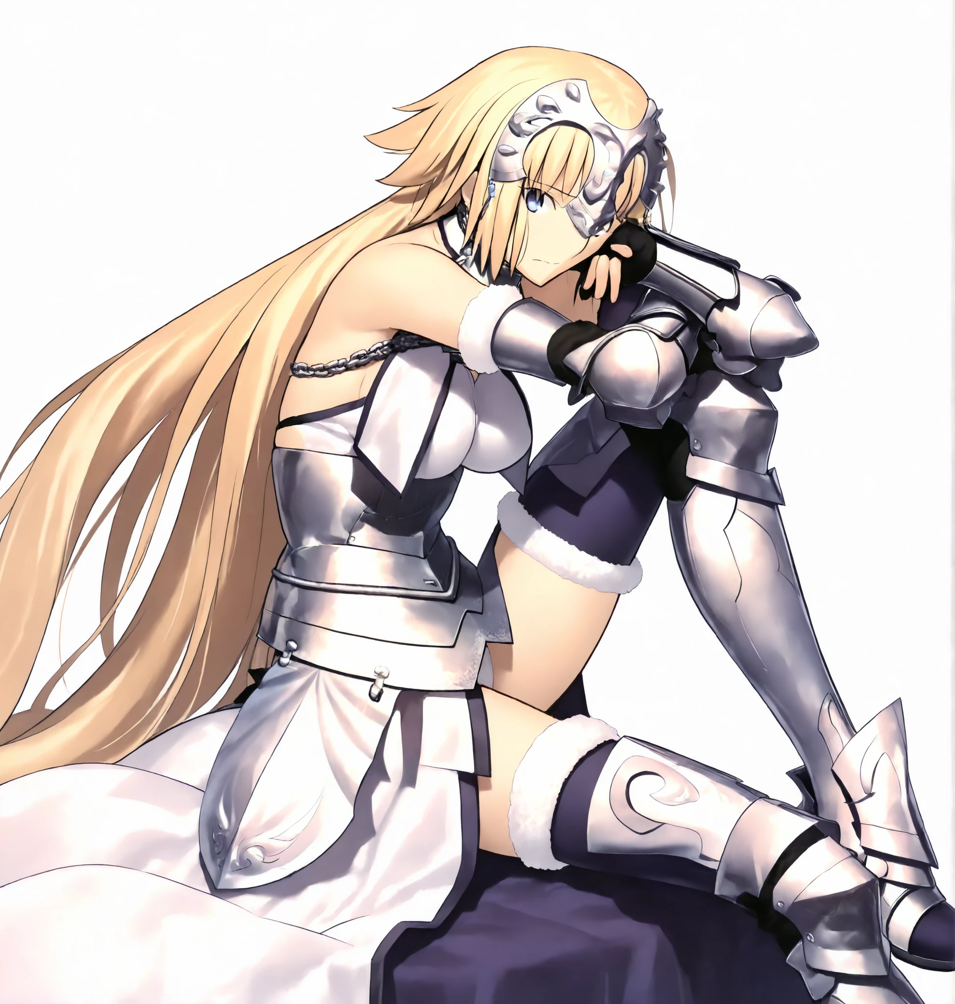 masterpiece, , absurdres, highres, detailed background, high resolution, masterpiece, necessary, detail, best quality, quality, necessary, details, High details, Precise, 8k, ,(white background, simple background ,), side view,
1girl, , (type-moon) style, ,Takeuchi Takashi style, (aged up),(long legs), (), white panties slip, ,
very tall girl, girl, slim arms ,<lora:illustrious_XL_Jeanne d'Arc:0.8>,Jeanne, headpiece, , straight_hair,headpiece,white costume,armored_boots,sitting,one_knee,hand_on_own_knee,looking_at_viewer, long hair ,blue eyes, blond hair, medium breasts ,light embarrassed, ,