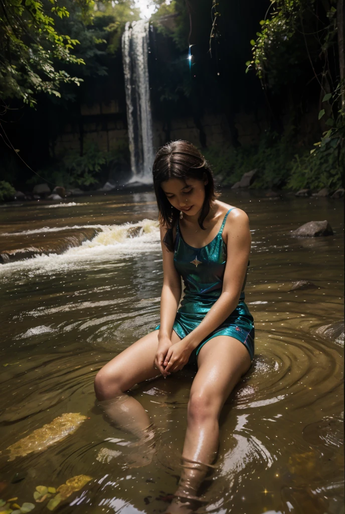 of flowing hair, delicate earrings, and a stunning necklace. The girl is sitting on a rock in the middle of a crystal clear pool, surrounded by lush greenery and vibrant flowers. Sunlight filters through the leaves, casting a warm and ethereal glow on her flawless skin. The water ripples gently around her, creating a mesmerizing refraction of light. The overall image is of high quality, with vivid colors and lifelike details that showcase the beauty and radiance of the girl. The style leans towards a mix of a portrait and a fantasy artwork, with a focus on realism and capturing the essence of nature. The color palette is vibrant and warm, with a balance of cool and warm tones to create a visually appealing composition. The lighting is soft and natural, emphasizing the girl's features and creating a serene and dreamlike atmosphere.