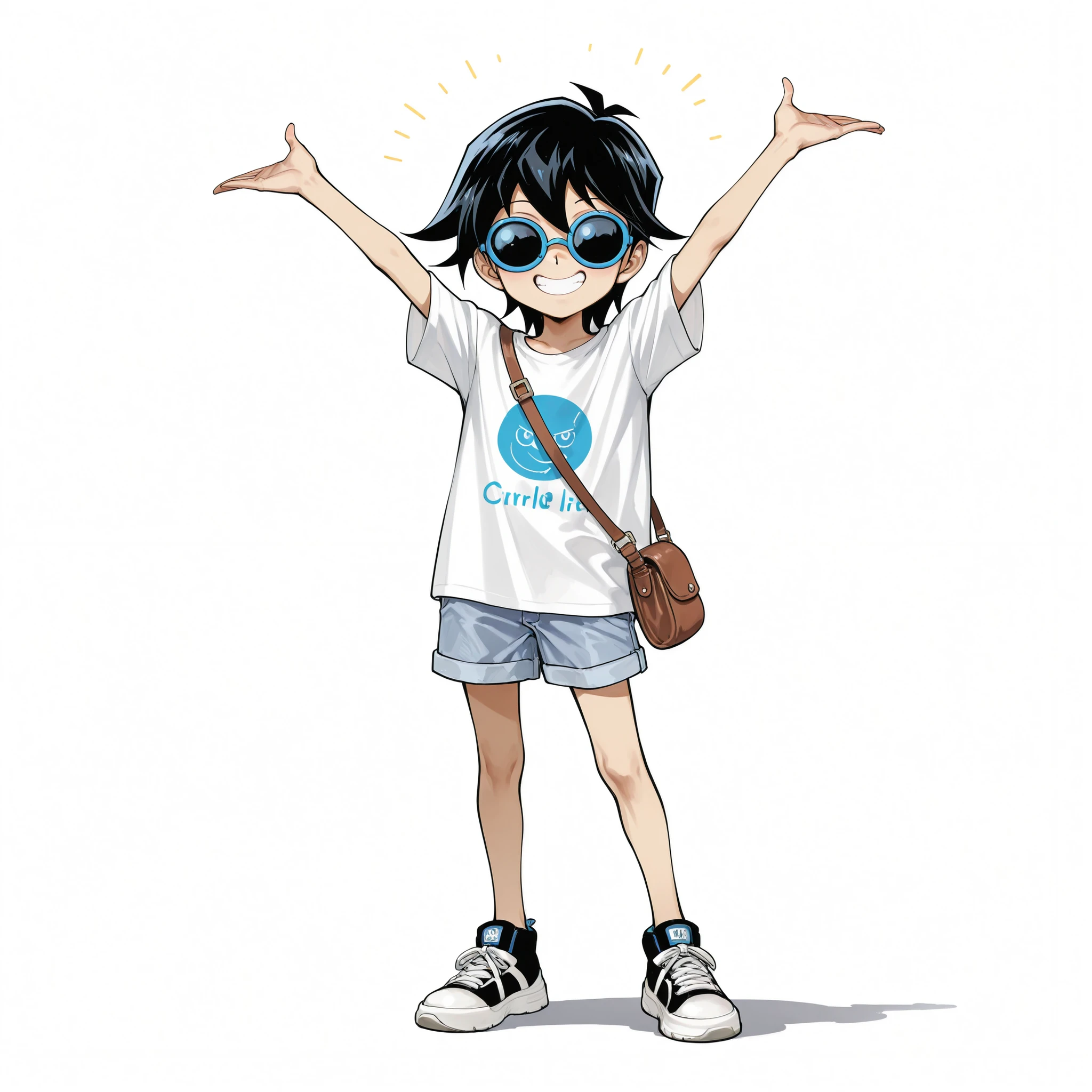 (male), (child boy), (slim body), (black hair), (blue round sunglasses), (happy face), (cheerful expression), (solo), (single character), (full body version), (white background), (no background), (highly detailed), (shadow), (standing pose), (natural light), (detailed outfit), (detailed hand), (detailed face), (detailed hair)  
Wearing a casual stylish outfit with an oversized graphic t-shirt, light denim shorts, sneakers, and a small crossbody bag, giving off a playful and trendy street vibe. (Yu-Gi-Oh style art)