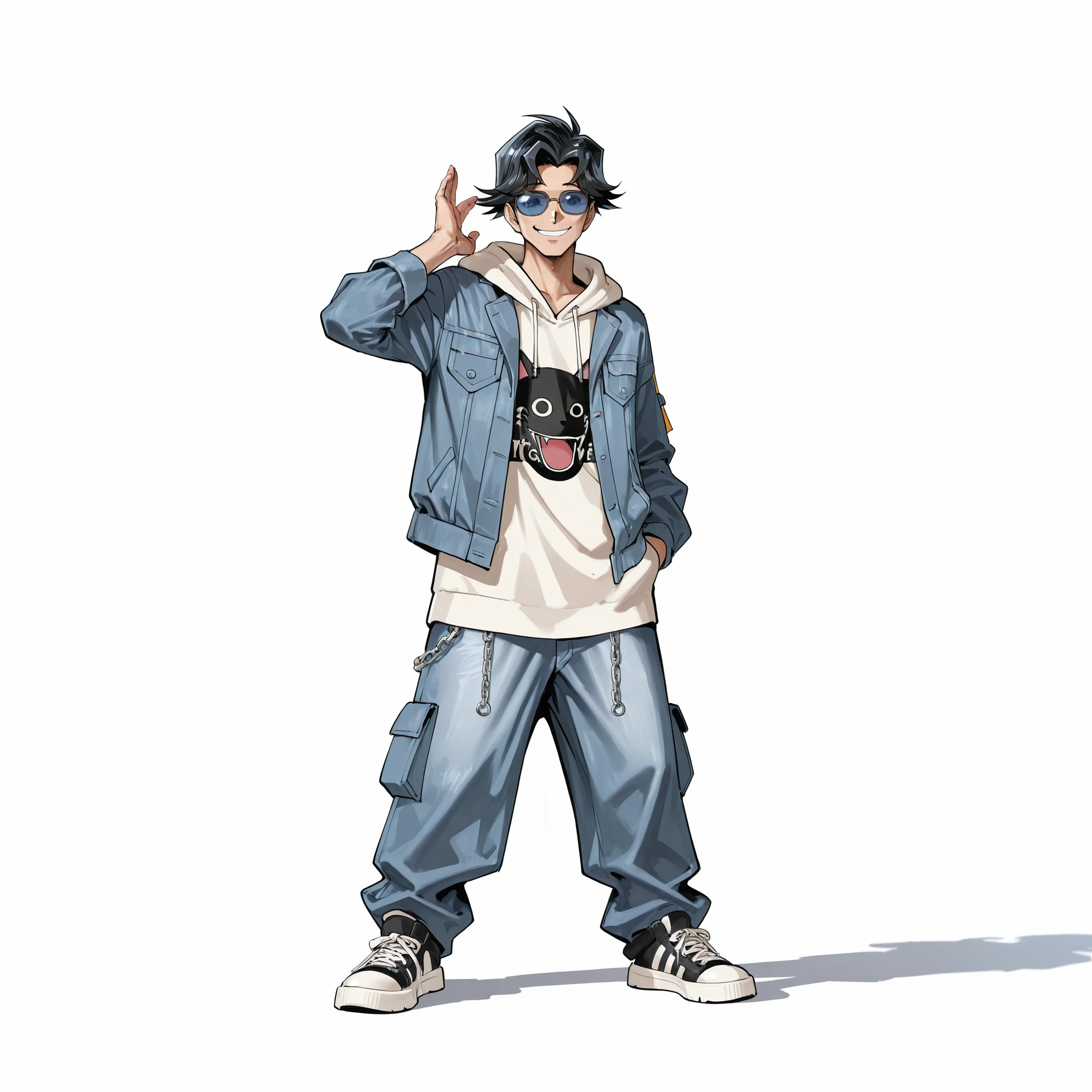 (male), (adult man), (slim body), (black hair), (blue round sunglasses), (happy face), (confident smile), (solo), (single character), (full body version), (white background), (no background), (highly detailed), (shadow), (standing pose), (natural light), (detailed outfit), (detailed hand), (detailed face), (detailed hair)  
Wearing a stylish oversized streetwear outfit with a loose hoodie layered under an oversized denim jacket, baggy cargo pants, chunky sneakers, and a silver chain accessory, giving off a relaxed yet trendy urban vibe. (Yu-Gi-Oh style art)