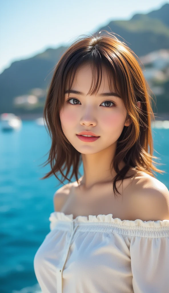 masterpiece , best quality, ultra-detailed, photo, an extremely delicate and beautiful,high resolution, 
1girl, 25 years old, japanese beautiful girl,
small , plump full lips, wavy hair, short hair, one small mole under the eyes, 
detailed eyes, detailed  features, detailed arms, detailed fingers, detailed legs,
(((cowboy shot))) , sea side, red bikini, ((smile)),
film grain, single-lens reflex camera, 35mm lens focal length