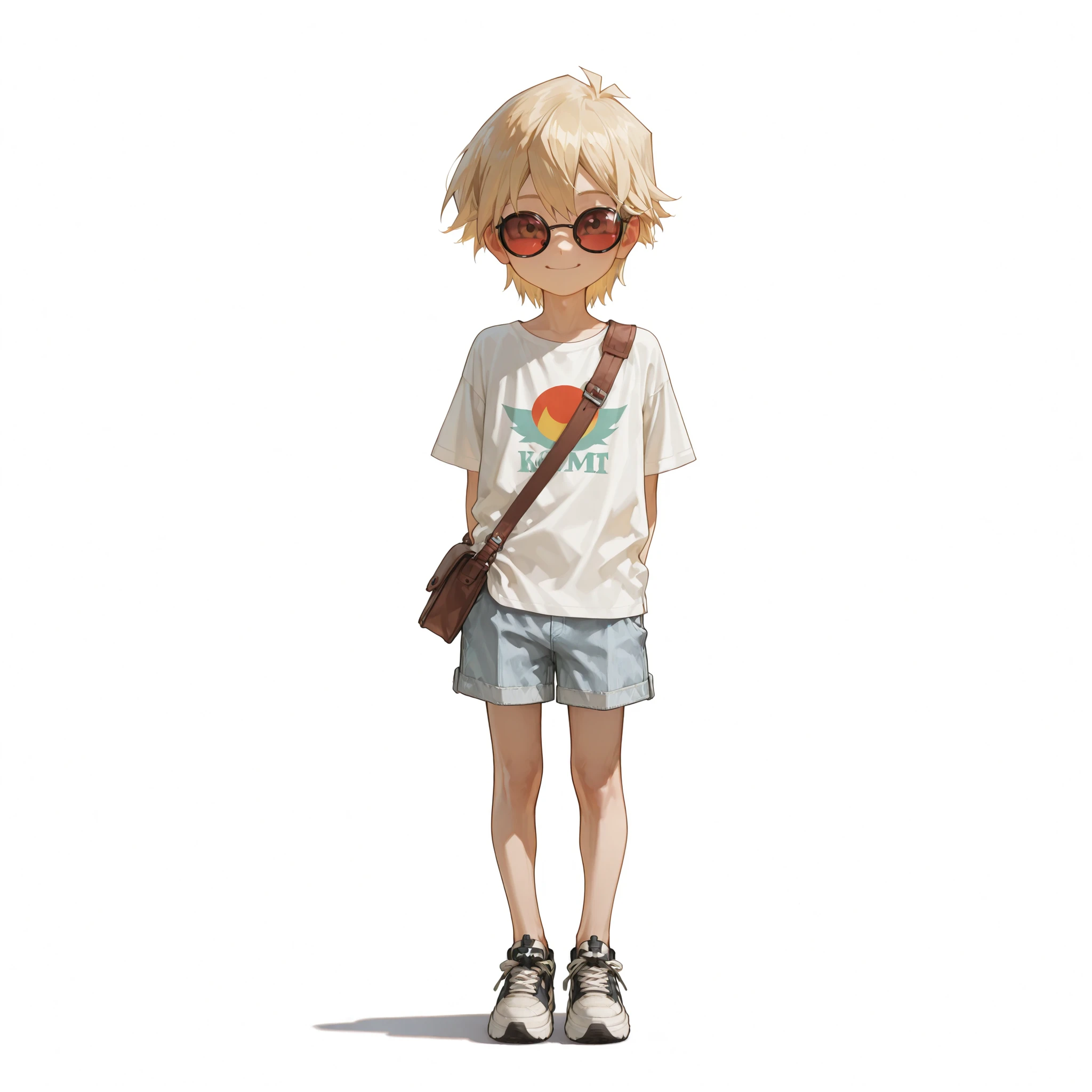 (male), (child boy), (slim body), (blonde hair), (red round sunglasses), (calm face), (cheerful expression), (solo), (single character), (full body version), (white background), (no background), (highly detailed), (shadow), (standing pose), (natural light), (detailed outfit), (detailed hand), (detailed face), (detailed hair)
Wearing a casual stylish outfit with an oversized graphic t-shirt, light denim shorts, sneakers, and a small crossbody bag, giving off a playful and trendy street vibe. (Yu-Gi-Oh style art)