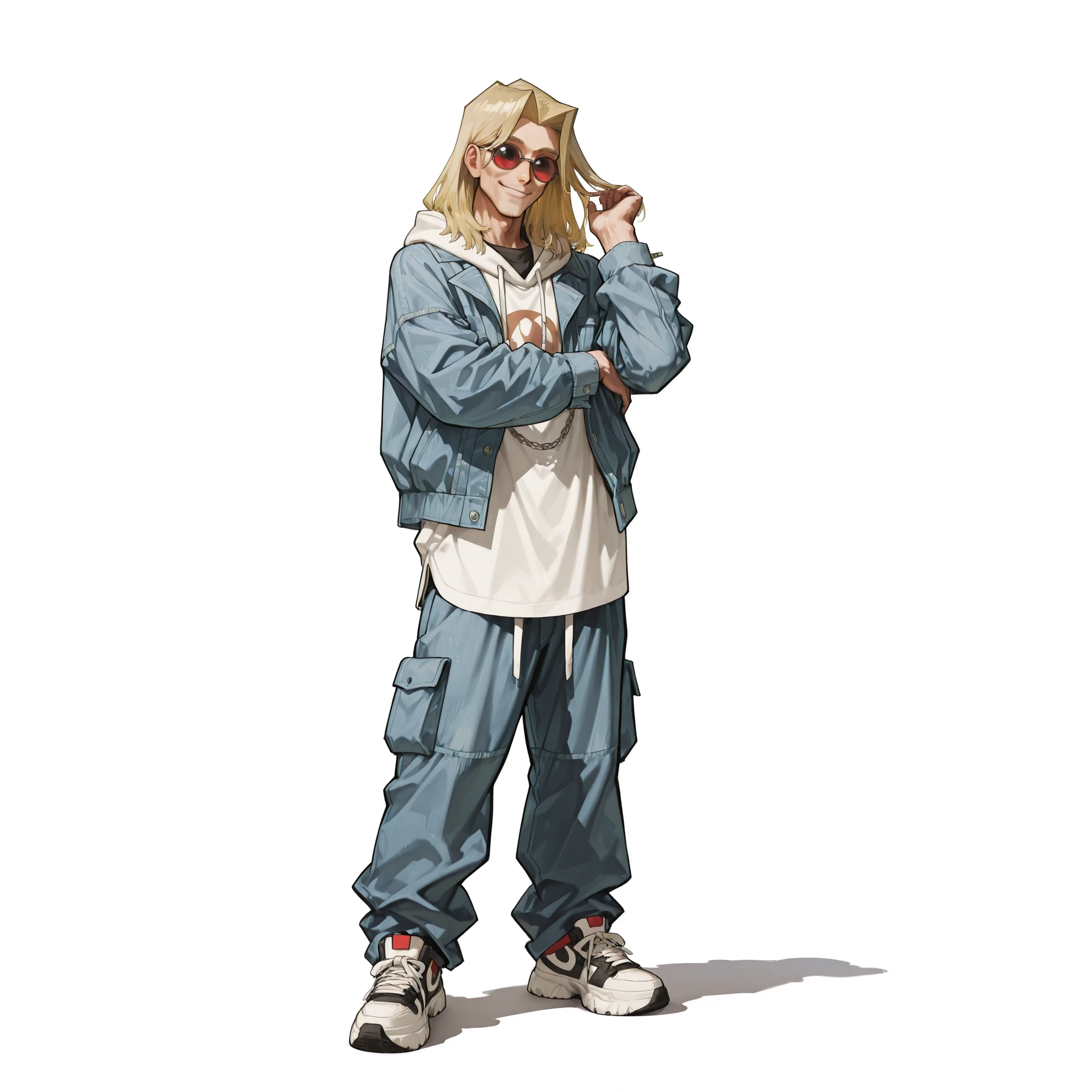(male), (adult man), (slim body), (blonde hair), (red round sunglasses), (calm face), (confident smile), (solo), (single character), (full body version), (white background), (no background), (highly detailed), (shadow), (standing pose), (natural light), (detailed outfit), (detailed hand), (detailed face), (detailed hair)
Wearing a stylish oversized streetwear outfit with a loose hoodie layered under an oversized denim jacket, baggy cargo pants, chunky sneakers, and a silver chain accessory, giving off a relaxed yet trendy urban vibe. (Yu-Gi-Oh style art)