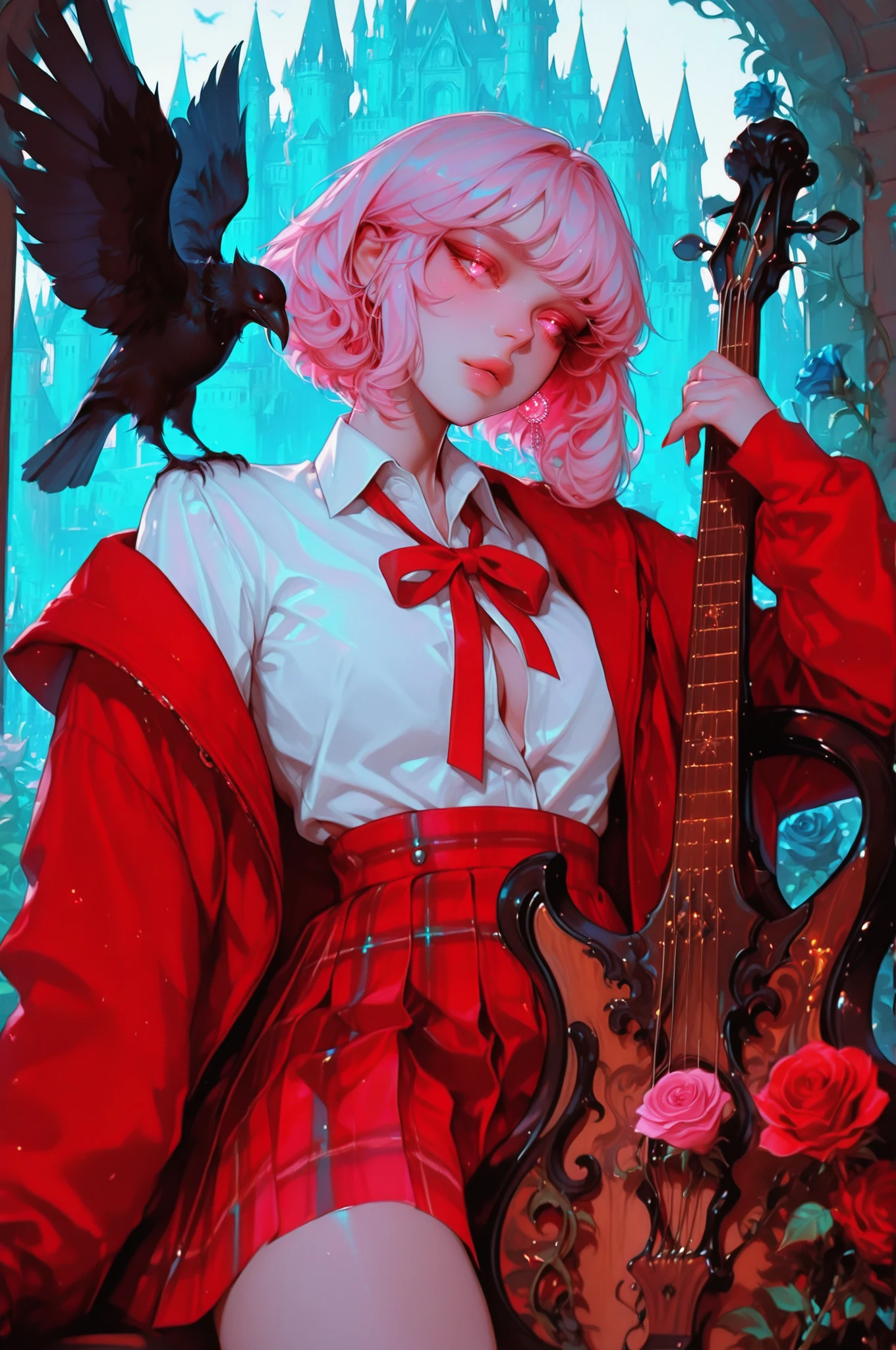 cElesTiana,neon dreamcore,iridescent glow,holographic,pastel void,luminescent skin,celestial tones,smooth reflective surface,glowing eyes,shimmercore,1girl, long pink hair, rose  eyes,short hair, punk style, red jacket, white cut-out top, red pleated plaid skirt, black asymmetrical best, swirl pop, playing cello, castle, crow, masterpiece, absurdres