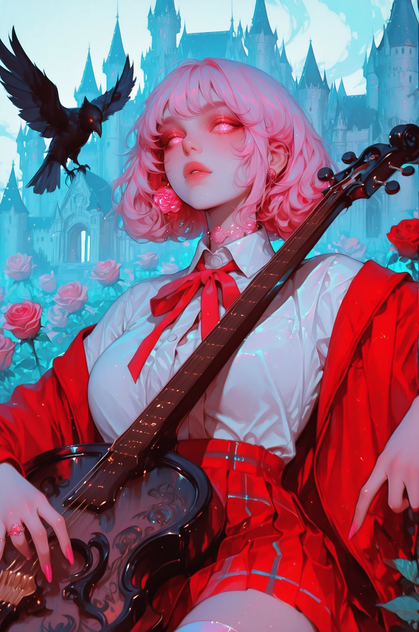 cElesTiana,neon dreamcore,iridescent glow,holographic,pastel void,luminescent skin,celestial tones,smooth reflective surface,glowing eyes,shimmercore,1girl, long pink hair, rose  eyes,short hair, punk style, red jacket, white cut-out top, red pleated plaid skirt, black asymmetrical best, swirl pop, playing cello, castle, crow, masterpiece, absurdres