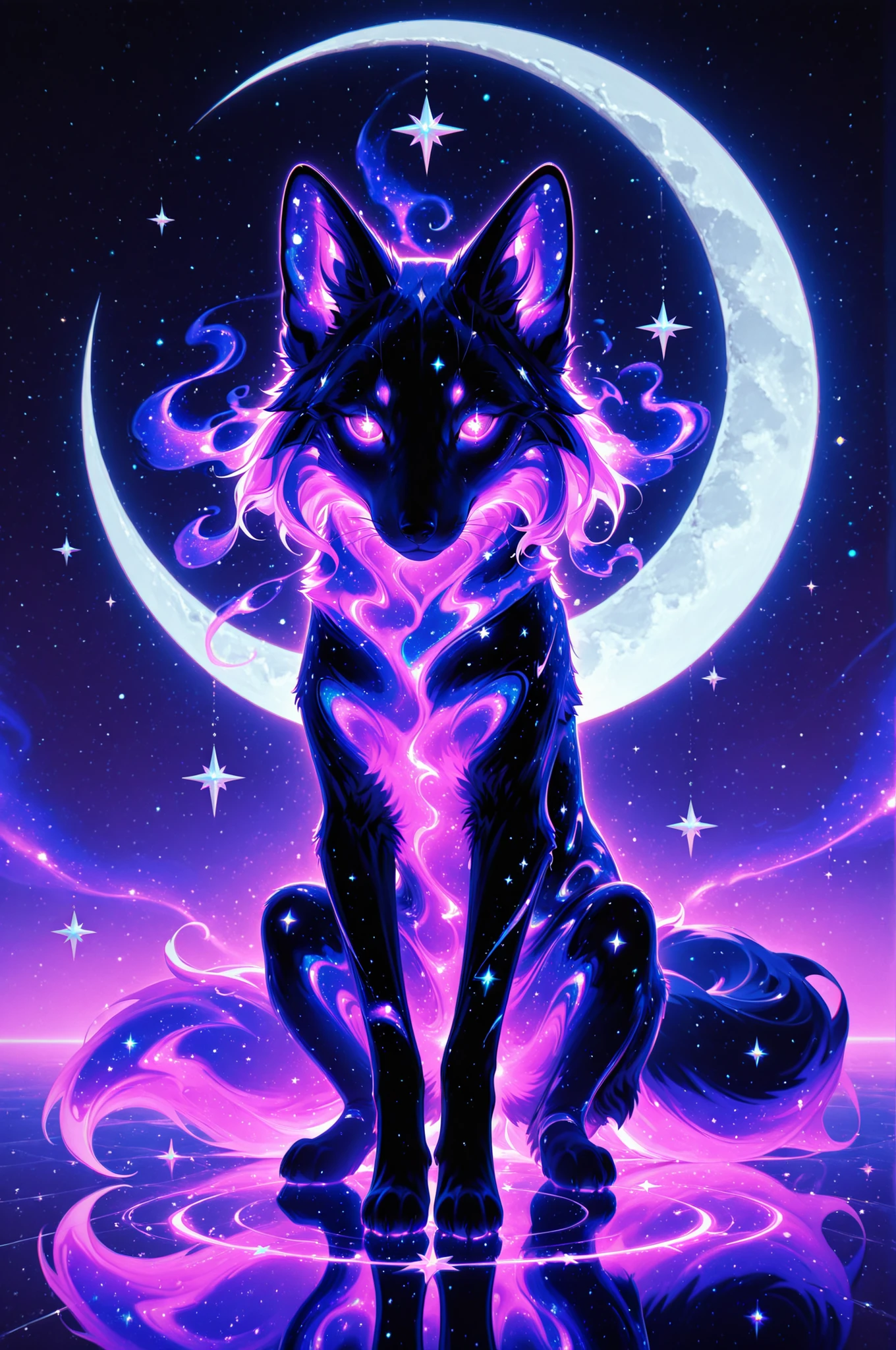 cElesTiana,neon dreamcore,iridescent glow,holographic,pastel void,luminescent skin,celestial tones,smooth reflective surface,glowing eyes,shimmercore,fox(animal), purple glow, whimsical, magic, stars, crescent moon, masterpiece, best quality, highly detailed 