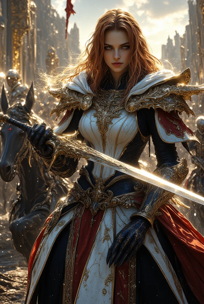 Close-up of a woman holding a sword in the field, full body, ginger sword, war blade weapon, shiny sword, wielding sword, fantasy blade, beautiful sword, huge super large sword, holding fantasy sword, fantasy sword, fantasy sword, warrior sword, ghost blade style, holding a giant sword, wielding a magic sword, holding a giant sword, shining sword, 2K