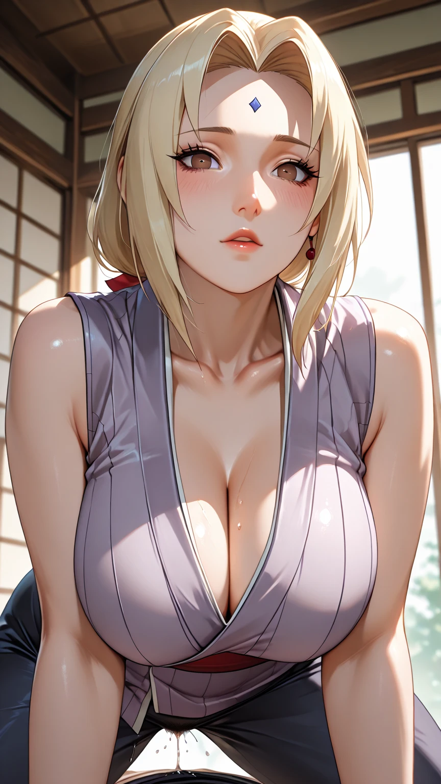 Blonde Female ninja wearing short kimono in fishnet with ???? ???? feet and toes exposed with boob cleavage on the ground and in distress pleading for mercy 