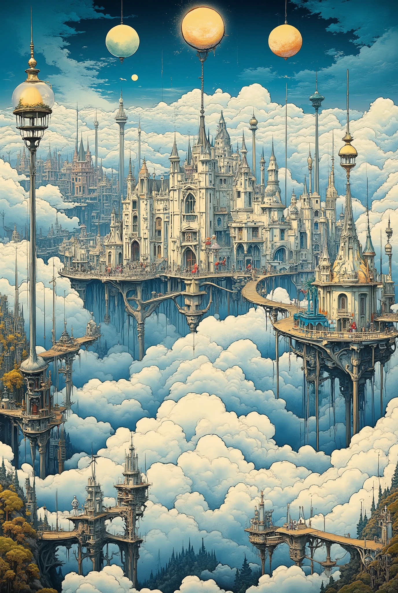 Main scene: [A city of polished white stone and glowing crystal] floats in [an endless sea of fluffy clouds] beneath [a sky where three moons of different colors hang motionless]. The architecture is [a surreal blend of gothic spires and smooth, organic shapes resembling stalactites]. Key element: [Giant, motionless mechanical wings made of brass and blue metal] are attached to the city's base, as if it froze mid-fall. Details: [Bridges of condensed light] connect floating islands, [ghostly figures in flowing robes] drift through deserted streets, casting [long, distorted shadows]. Lighting: [A surreal glow] emanates from the buildings themselves and from [strange floating orbs], casting [long, deep blue and violet shadows]. Atmosphere: [Quiet melancholy, eternal solitude, and timeless, frozen beauty]. Style: hyperdetailed fantasy art, in the style of [Greg Rutkowski and Ross Tran]