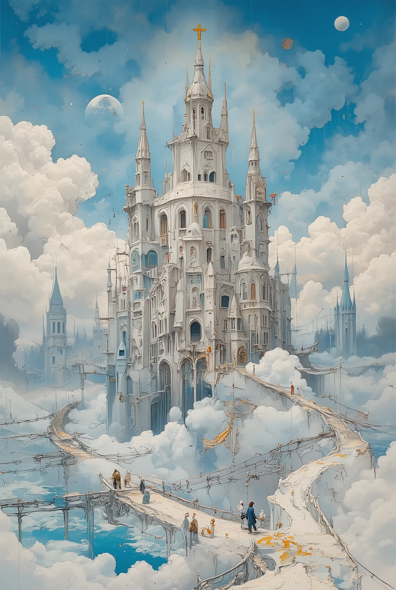 Main scene: [A city of polished white stone and glowing crystal] floats in [an endless sea of fluffy clouds] beneath [a sky where three moons of different colors hang motionless]. The architecture is [a surreal blend of gothic spires and smooth, organic shapes resembling stalactites]. Key element: [Giant, motionless mechanical wings made of brass and blue metal] are attached to the city's base, as if it froze mid-fall. Details: [Bridges of condensed light] connect floating islands, [ghostly figures in flowing robes] drift through deserted streets, casting [long, distorted shadows]. Lighting: [A surreal glow] emanates from the buildings themselves and from [strange floating orbs], casting [long, deep blue and violet shadows]. Atmosphere: [Quiet melancholy, eternal solitude, and timeless, frozen beauty]. Style: hyperdetailed fantasy art, in the style of [Greg Rutkowski and Ross Tran]