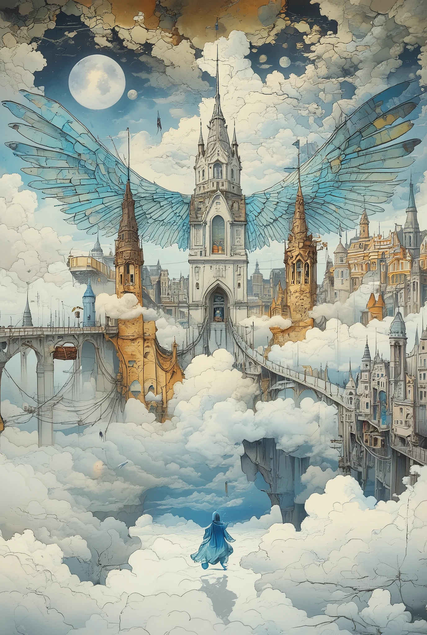 Main scene: [A city of polished white stone and glowing crystal] floats in [an endless sea of fluffy clouds] beneath [a sky where three moons of different colors hang motionless]. The architecture is [a surreal blend of gothic spires and smooth, organic shapes resembling stalactites]. Key element: [Giant, motionless mechanical wings made of brass and blue metal] are attached to the city's base, as if it froze mid-fall. Details: [Bridges of condensed light] connect floating islands, [ghostly figures in flowing robes] drift through deserted streets, casting [long, distorted shadows]. Lighting: [A surreal glow] emanates from the buildings themselves and from [strange floating orbs], casting [long, deep blue and violet shadows]. Atmosphere: [Quiet melancholy, eternal solitude, and timeless, frozen beauty]. Style: hyperdetailed fantasy art, in the style of [Greg Rutkowski and Ross Tran]