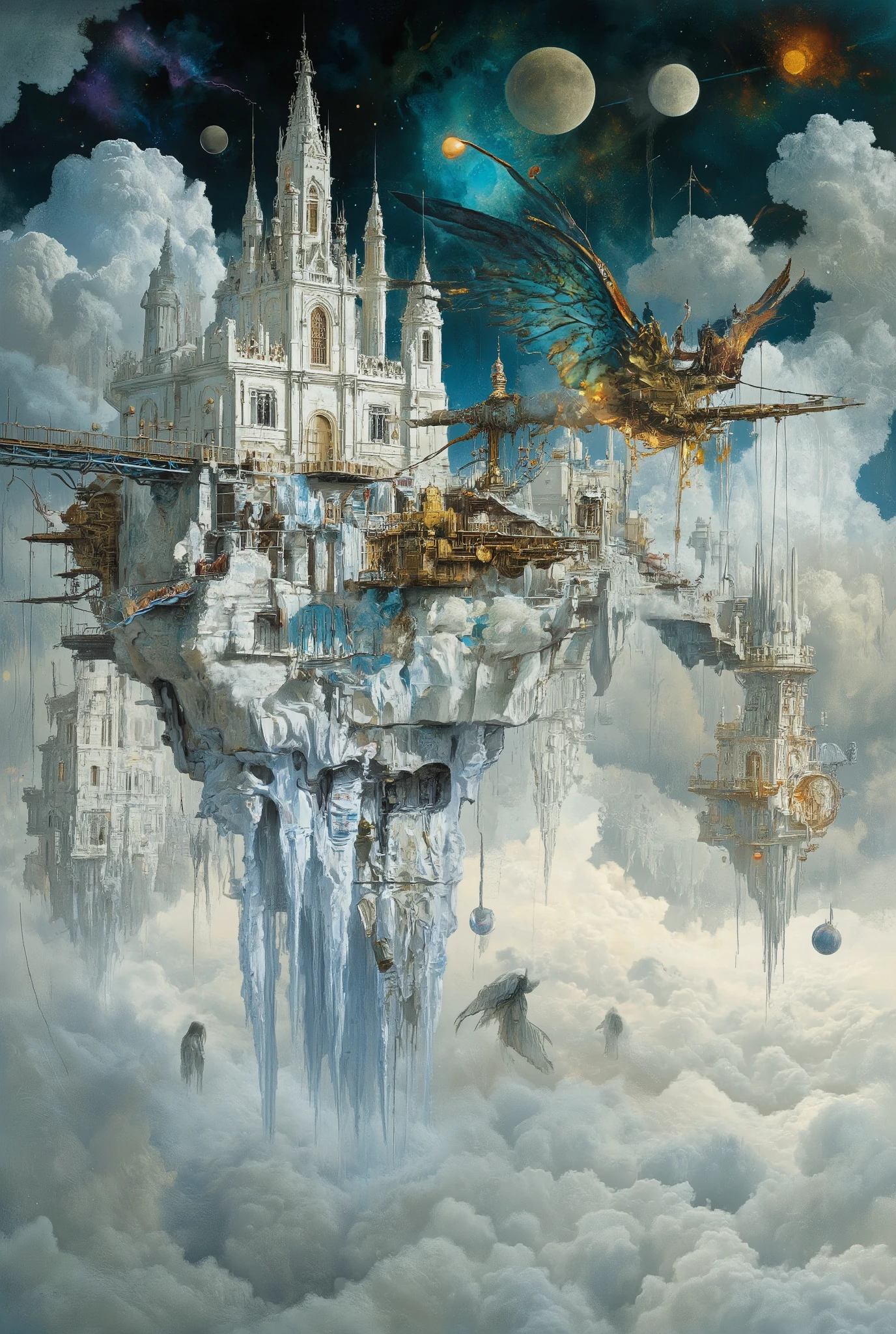 Main scene: [A city of polished white stone and glowing crystal] floats in [an endless sea of fluffy clouds] beneath [a sky where three moons of different colors hang motionless]. The architecture is [a surreal blend of gothic spires and smooth, organic shapes resembling stalactites]. Key element: [Giant, motionless mechanical wings made of brass and blue metal] are attached to the city's base, as if it froze mid-fall. Details: [Bridges of condensed light] connect floating islands, [ghostly figures in flowing robes] drift through deserted streets, casting [long, distorted shadows]. Lighting: [A surreal glow] emanates from the buildings themselves and from [strange floating orbs], casting [long, deep blue and violet shadows]. Atmosphere: [Quiet melancholy, eternal solitude, and timeless, frozen beauty]. Style: hyperdetailed fantasy art, in the style of [Greg Rutkowski and Ross Tran]