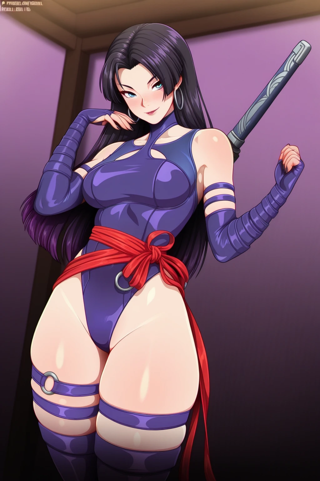 masterpiece, best quality, beautiful art, high resolution, well formed hands, body and fingers, 1 woman, solo, Minamoto no raikou adult, big breasted, cleavage, hair ornament, wearing a Tyris Flare outfit, full body,  and skimpy , gorgeous legs and thighs , ryona,in peril, she is  defeated, knocked out, passed out, closed eyes, exhausted, unconscious, laying down on the sand, extended exposed body, full body on the sand, breathing heavily,  smirk on her face, bouncing ,  defeated pose, defeat and    KO scene, fallen beauty, martial arts tournament with beach environment      