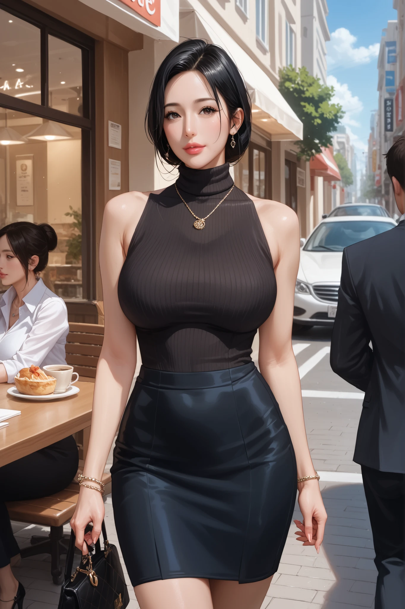 Korean mature woman. mature face. necklace, bracelet. black hair. Turtleneck sleeveless. tight skirt. I'm walking through the company office with a luxury handbag. I'm walking through a cafe street. outdoor cafe background. Realistic Ultra HD