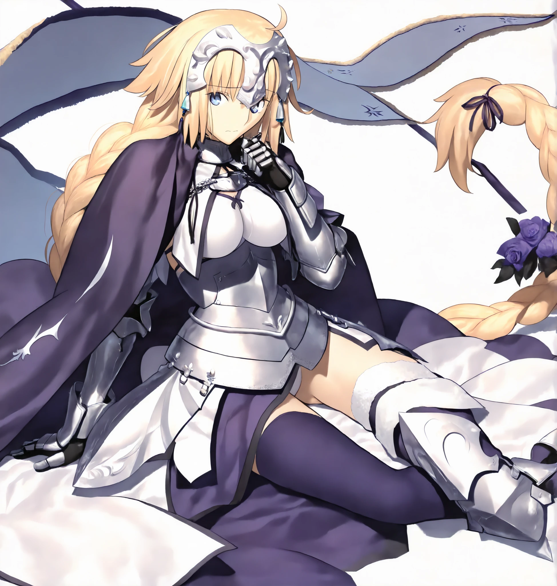 masterpiece, , absurdres, highres, detailed background, high resolution, masterpiece, necessary, detail, best quality, quality, necessary, details, High details, Precise, 8k, ,(white background, simple background ,), shot ,
1girl, , (type-moon) style, ,Takeuchi Takashi style, (aged up),(very long legs), (sitting ,yokozuwari), white panties slip, ,
very tall girl, girl, slim arms ,<lora:illustrious_XL_Jeanne d'Arc:0.8>,Jeanne, ,single braids, long hair headpiece, cape, purple costume, ,blue eyes, blond hair, medium breasts ,looking at viewer, light embarrassed, ,