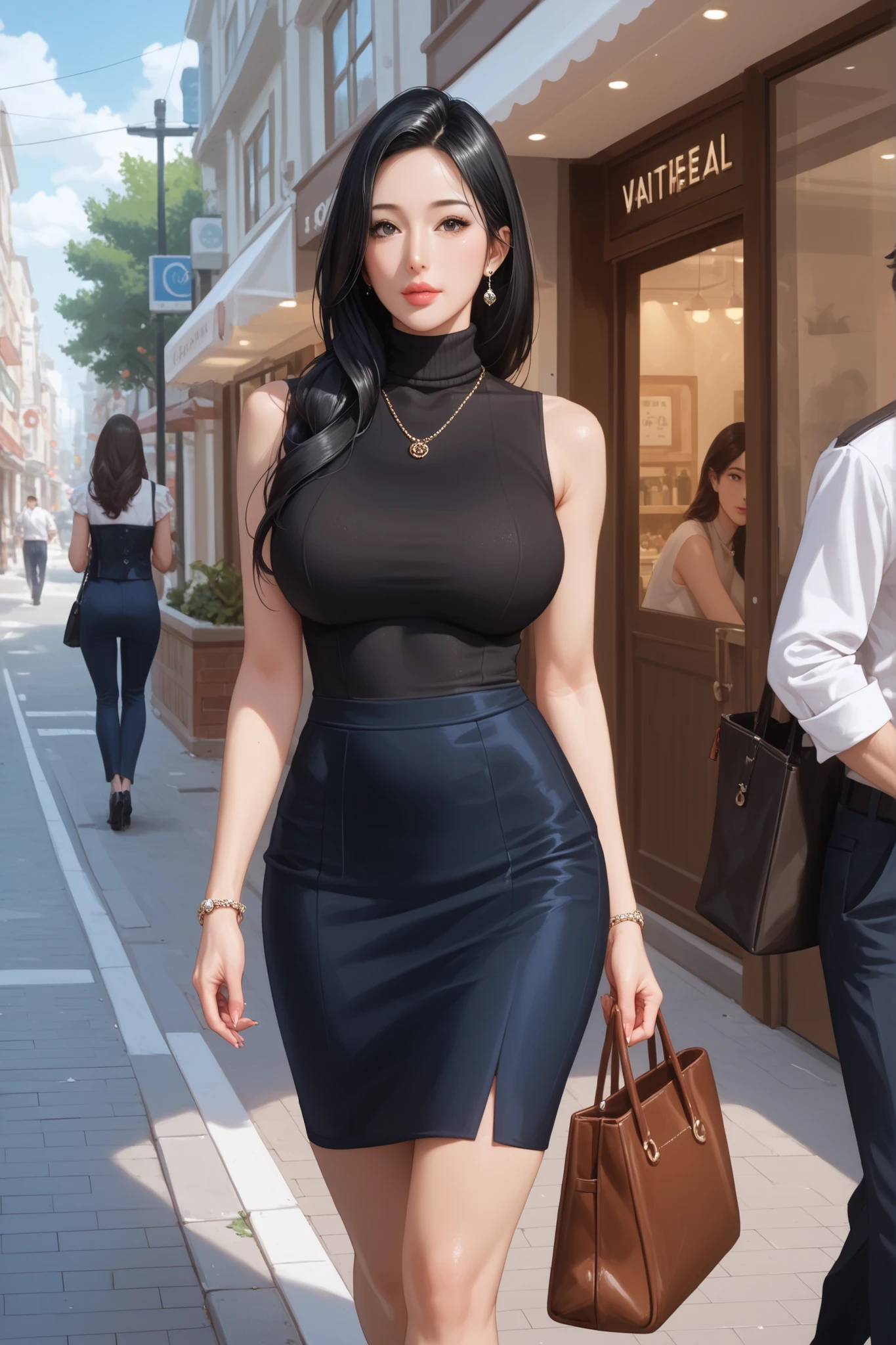 Korean mature woman. mature face. necklace, bracelet. long hair.  black hair. Turtleneck sleeveless. tight skirt. I'm walking through the company office with a luxury handbag. I'm walking through a cafe street. outdoor cafe background. Realistic Ultra HD