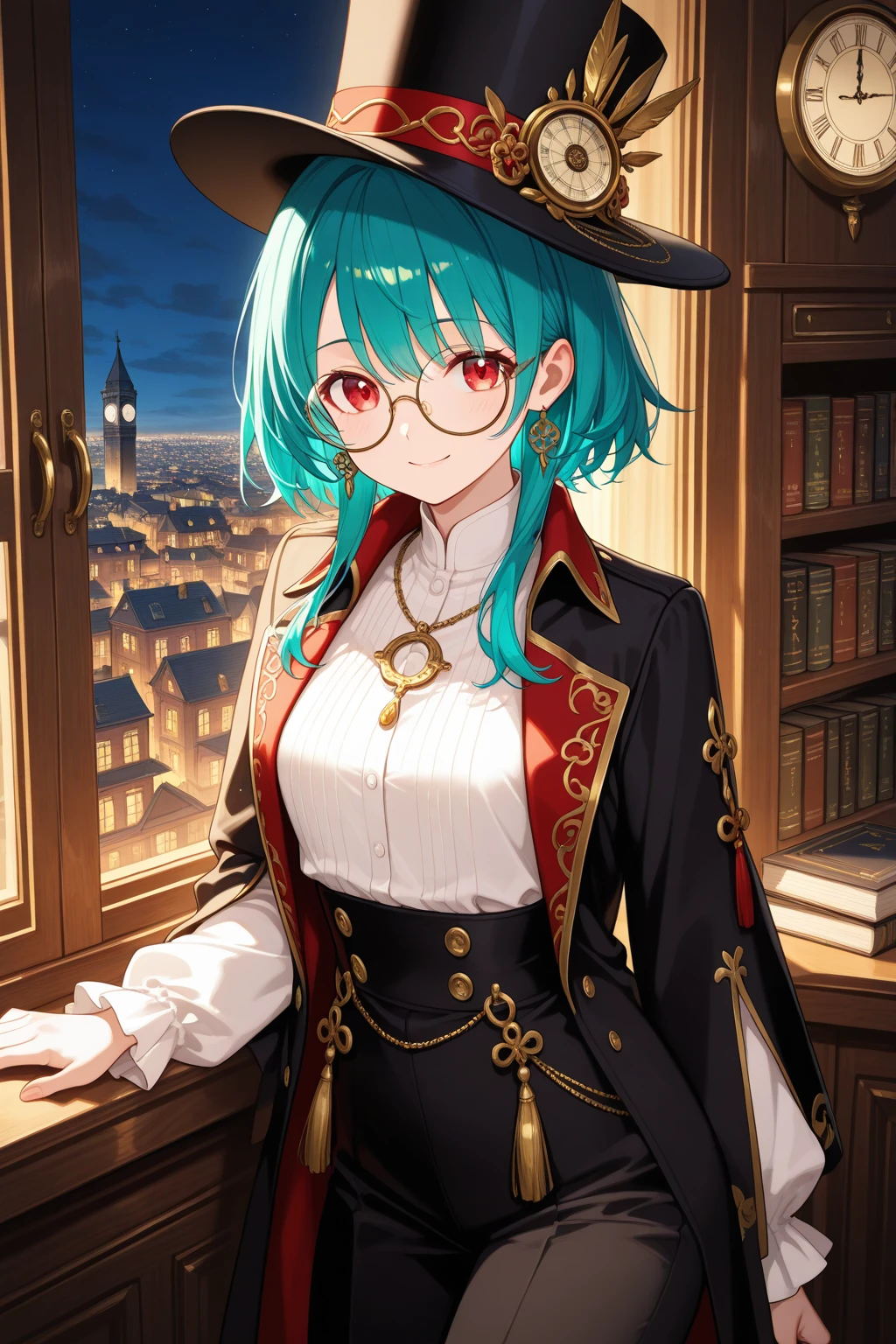 （（（masterpiece、Highest image quality、highest quality、highly detailed unity 8ｋwallpaper）））、（（Illustration of one girl、upper body））、（（（beautiful girl）））、（librarian）、（Emerald green hair、messy hair、sidelocks：1.2、red eyes、crazy smile）、（（（flat ）））、（（（monocle）））、pocket watch、（（（Black top hat、Black tuxedo、belt）））、great medieval library、Large amount of books