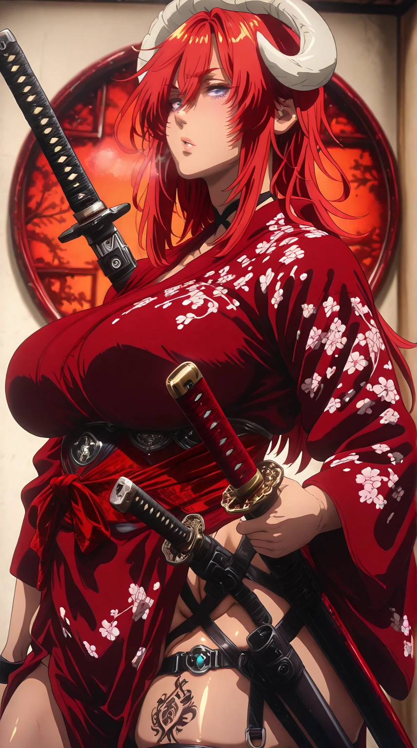 L_Cation2, Babu-style, Hgk, (yoshio_(55level)-style:1.4), (iwao178-style:1.3), (aelion_draws-style:1.2), (imizu_(nitro_unknown)-style:1.3), (anime coloring, anime screencap), shiny skin, (voluptuous body:1.4), (mature female:1.4), (cellulite:1.3), ((vignetting)), ((anatomical correct)), ((Cinematic, high quality, detailed, eye-catching, UHD, masterpiece)), perfect body, perfect eyes, perfect fingers, gasping, heavy breathing, gasping profusely, ((skindentation)), ((curvy)), satan, demon girl, demon horns, covered ears, long hair, red hair, hair between eyes, purple eyes, big breasts, white horns, plump, 1girl, weapon, sword, alone, Japanese_clothes, katana, kimono, sheath, tattoo, holding_weapon, sheathed, Jewelry, holding_sword, holding, sash,