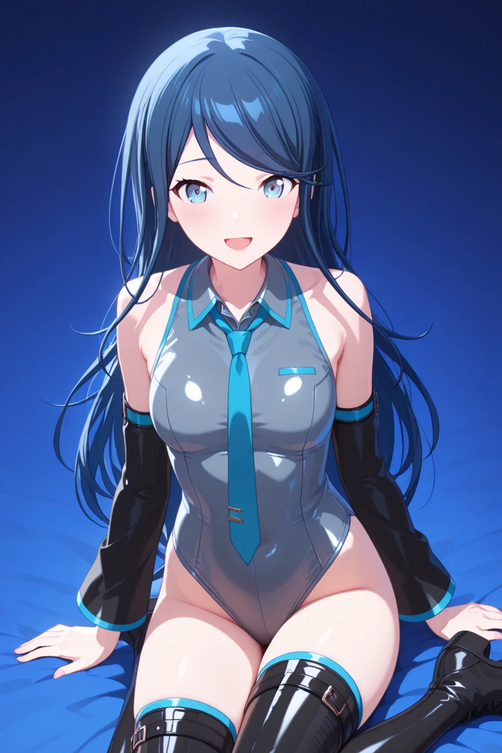 aikatsu,（Overhead view),dynamic angle,ultra-detailed, illustration, close-up, straight on, 1girl, ((blue souryuu asuka langley, interface headset, blue ????????:1.4, blue)),Her eyes shone like dreamy stars,(glowing eyes:1.233),(beautiful and detailed eyes:1.1),(expressionless),(standing), (masterpiece, best quality, ultra high res, perfect ???????, extremely detailed), BREAK, 1girl, 14 years old, red eyes, side_Ponytail, blue hair, very large ribbon in hair, idol costume, BREAK, (finger pointing), (full face), one eye closed, (open mouth), glow eyes, smile, stage light, (mechanic room with toolsand spaceship windowin a white SPACESHIP), (night:1.2),dreamy, [[delicate fingers and hands:0.55]::0.85],(detail fingers),