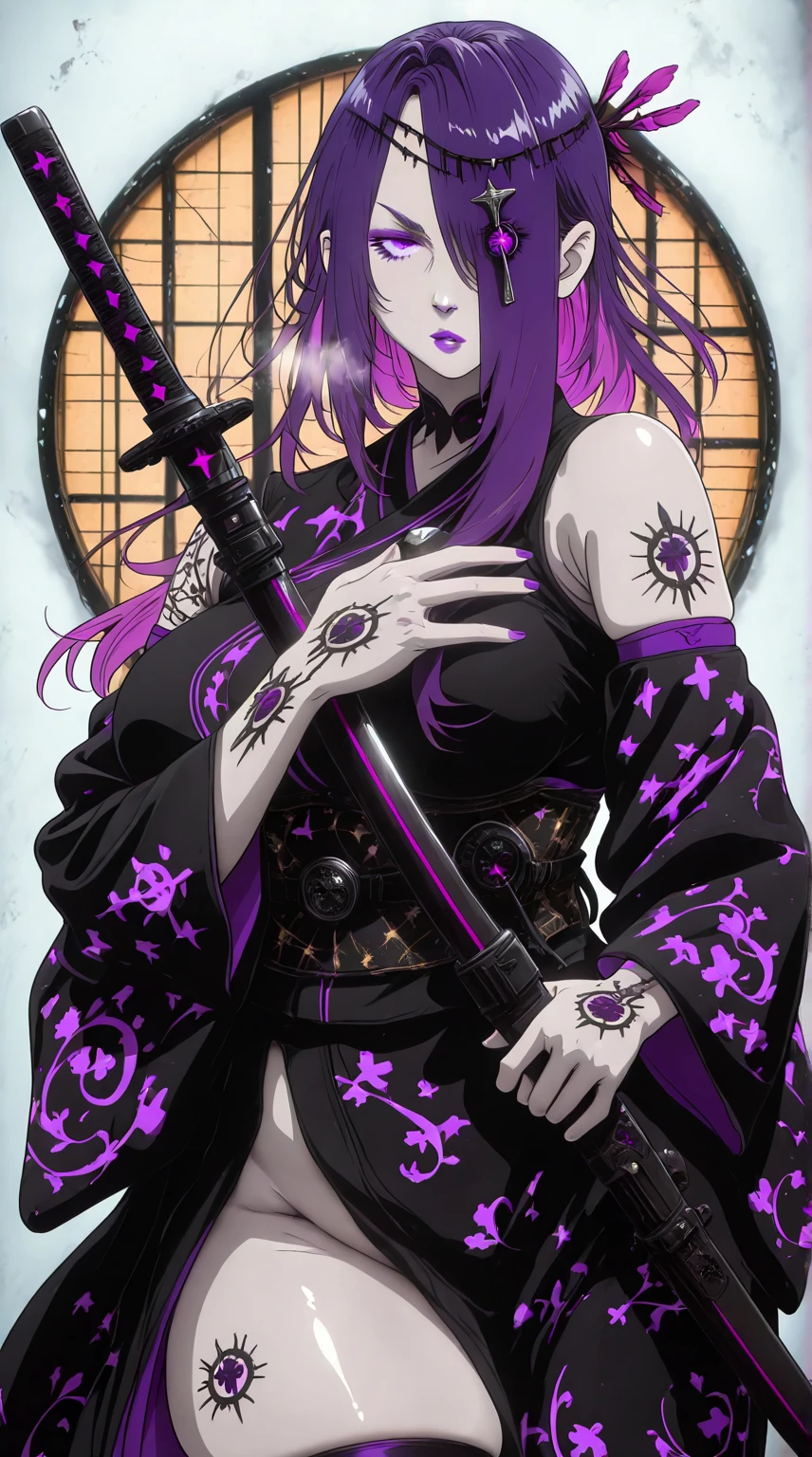L_Cation2, Babu-style, Hgk, (yoshio_(55level)-style:1.4), (iwao178-style:1.3), (aelion_draws-style:1.2), (imizu_(nitro_unknown)-style:1.3), (anime coloring, anime screencap), shiny skin, (voluptuous body:1.4), (mature female:1.4), (cellulite:1.3), ((vignetting)), ((anatomical correct)), ((Cinematic, high quality, detailed, eye-catching, UHD, masterpiece)), perfect body, perfect eyes, perfect fingers, gasping, heavy breathing, gasping profusely, ((skindentation)), ((curvy)), hair over one eye, long hair, purple hair, purple eyeshadow, purple eyes, circlet, hair ornament, purple lips, (pale skin:1.3), plump, 1girl, weapon, sword, alone, Japanese_clothes, katana, kimono, sheath, tattoo, holding_weapon, sheathed, Jewelry, holding_sword, holding, sash,