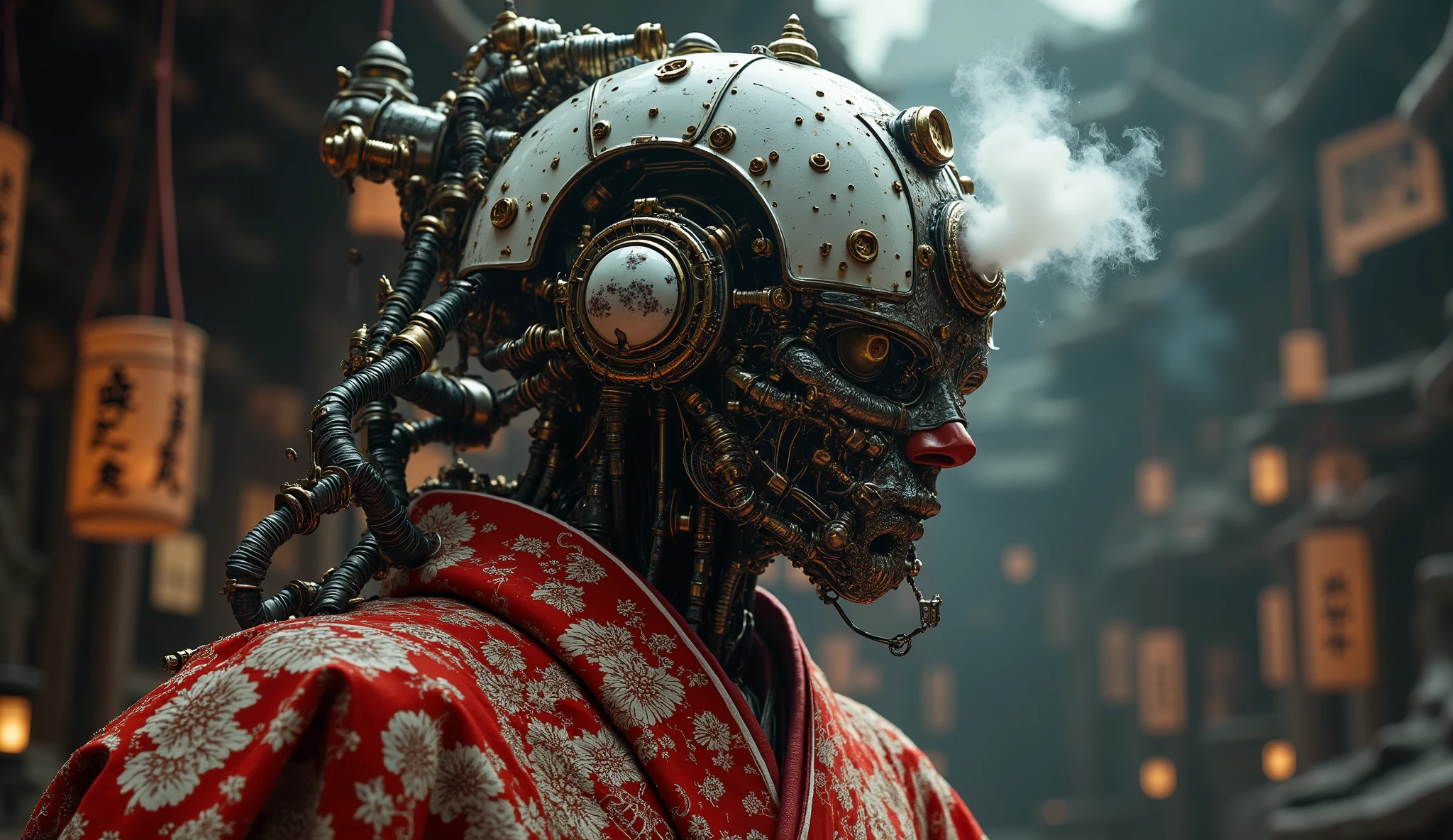 cpstyle01, close-up of a Japanese robot, composed of complex pipes and precise machines, It has a sophisticated white exoskeleton. robot wears a red floral kimono, atmospheric lighting that combines traditional elegance with steampunk elements. atmospheric lighting envelops the scene with a cinematic brilliance, when contrasting delicate fabrics and cold metal I'm making it stand, and the. steam rises from joints and precise gears, Adding mystery, Futuristic Atmosphere.High Quality