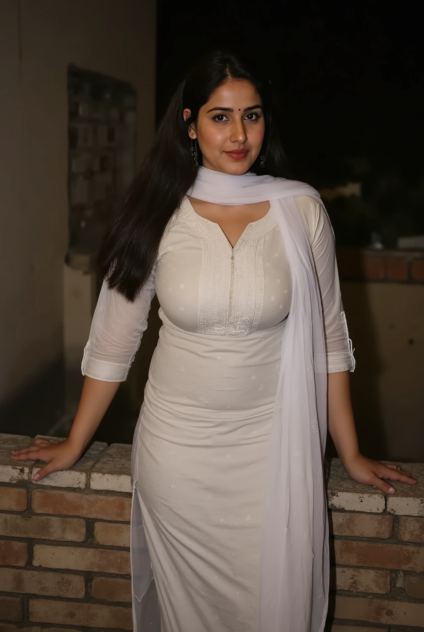 Beautiful chubby muslim Pakistani fair round face, chubby thick voluptuous body, mature housewife standing on abandoned building terace, leaning back on brick wall, wearing half sleeve kurti salwar, white sher scarf pallu, midnight darkness in background, horizon, sky, Busty, wide waist, hourglass voluptuous figure, curvy shyful eyes and a mischievous staring, horny exhibitionist, cotton fabric, matte finish fabric, highly detailed texture, detailed intricate pattern print, sunlight on black long hair ,High Resolution, Award Winning, High Details, Large breasts, Depth Of Field, Chromatic Aberration, shoot from front,