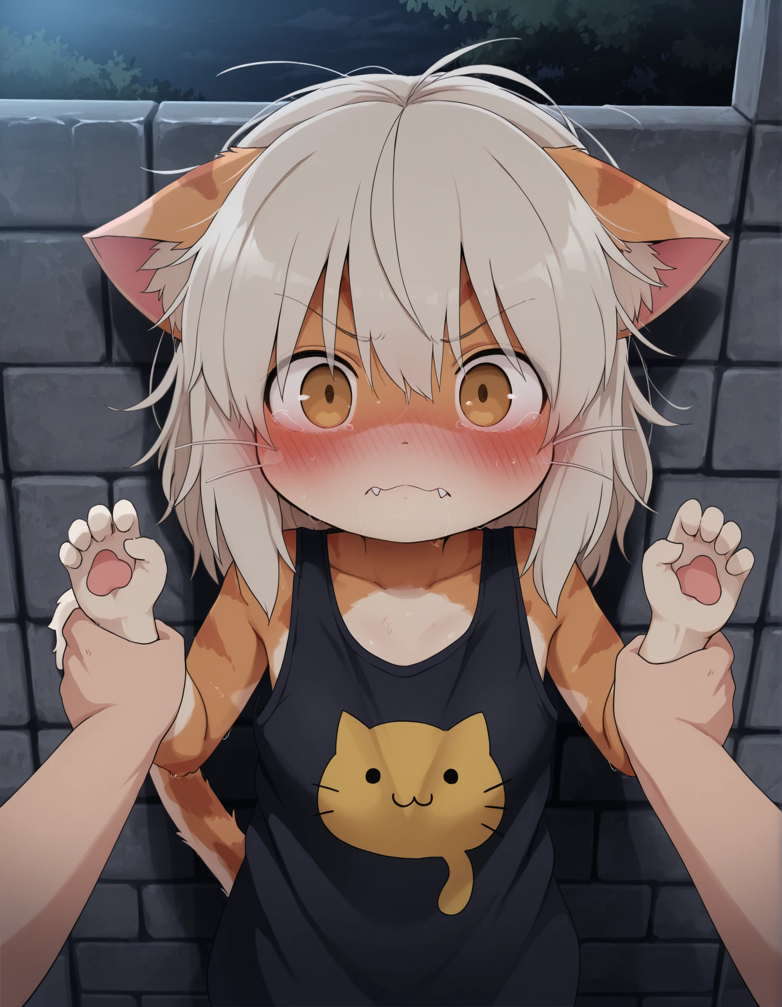 Dagashi,, 1girl, petite, (skinny and frail:0.7), cat girl, against wall, stone wall, brown eyes,looking at viewer, grey hair, medium hair, messy hair, angry, (scared:0.4), (open mouth:0.5), fangs, hands up, (tearing up:0.5), tail raised, torn clothes, straight-on, dark, night, outdoors, masterpiece,best quality, amazing quality,
