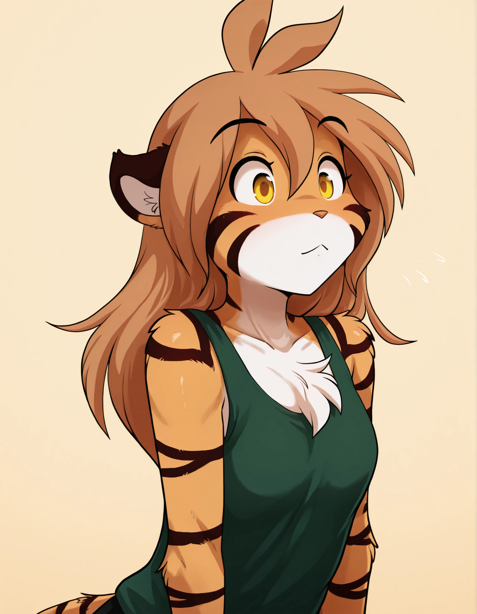 Dagashi,, furry, solo, flora-twokinds, flora_twokinds,, tiger, striped fur, keidran, yellow eyes, anthro, simple background,,, green shirt