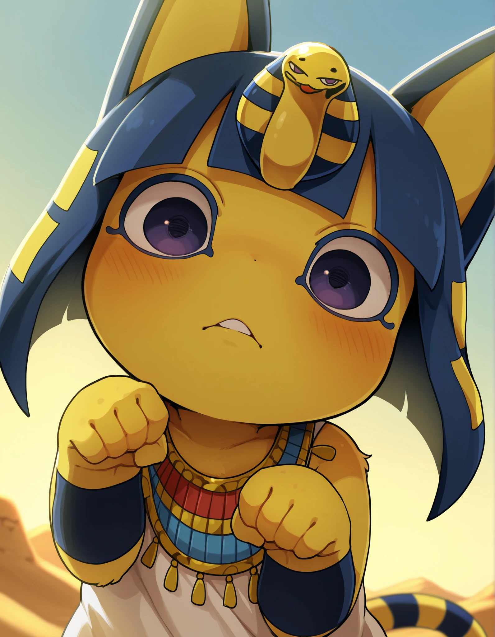 Dagashi,, depth of field, 1girl, furry, ankha \(animal crossing\), expressionless, eye reflection, yellow background, yellow theme, blue background, desert,, purple eyes, glowing eyes, wide-eyed, paw pose, looking at viewer, close-up, parted lips,