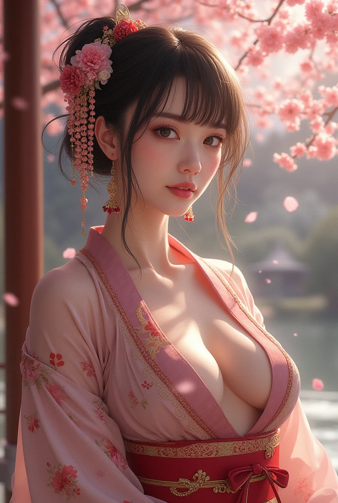 score_9,score_8_up,score_7_up,(pastel-color),(high brightness colors),Cute 20-year-old Japanese 1 girl,solo,(8k, masterpiece, ultra-detailed, best quality, ultra high res, newest, very aesthetic, absurdres, illustration, perfect composition),(hires),looking at viewer,black hair,shiny skin,fair skin,(upper body:1.5),toothless smilev,emphasizing her curvy body and large breasts,A beauty in a vibrant red kimono, gracefully looking back over her shoulder, background of cherry trees in full bloom