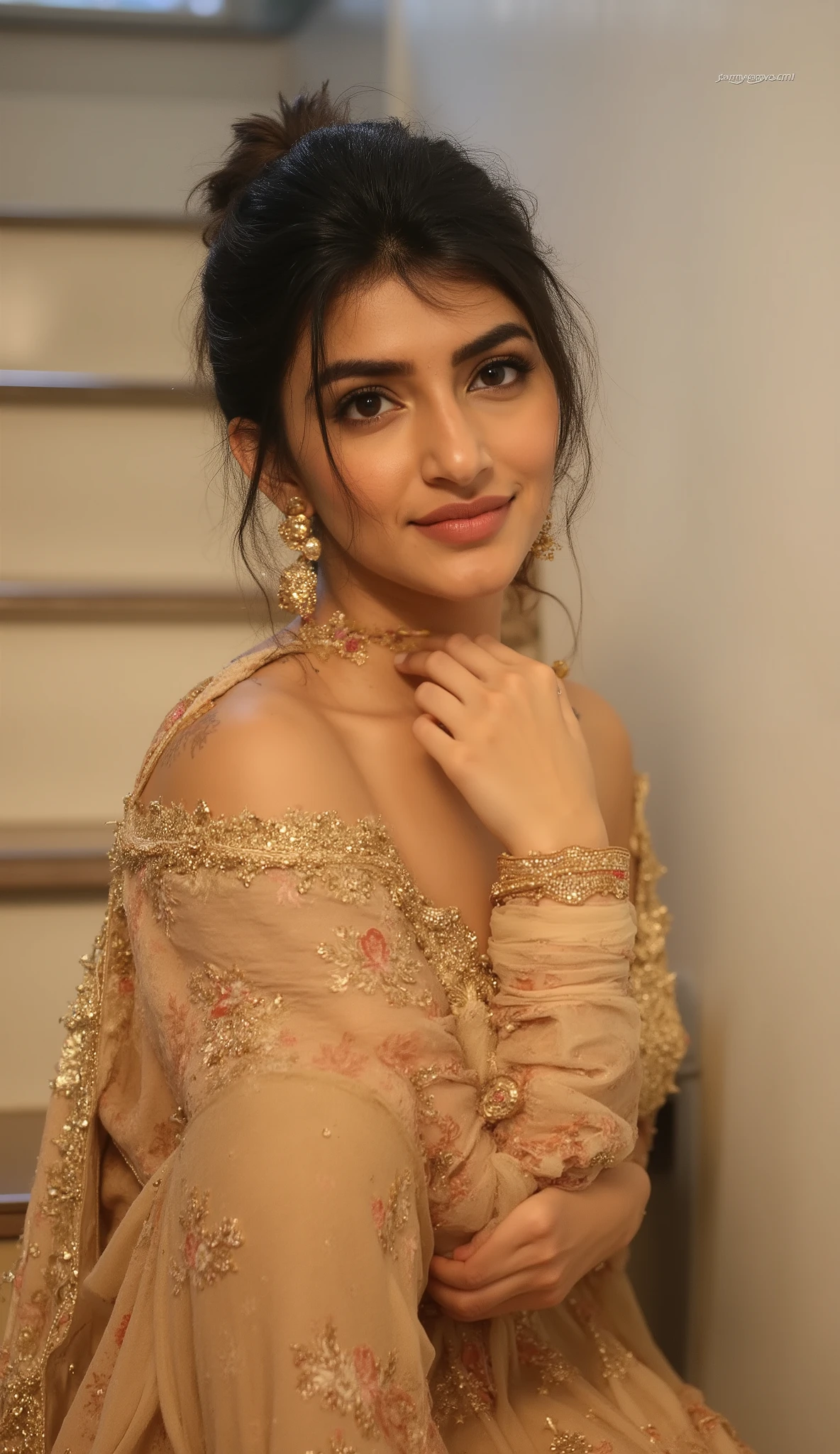 an Indian girl sitting on staircase, (wearing strapless off Shoulder sleeveless Salvar)++, Salwar, (strapless, bare arms, bare shoulders:8), short hair, navel, highly detailed face, detailed skin texture, curvy hourglass figure, busty, big, sensual pose, seductive smile, detailed texture, focus on eyes, thick thighs, cinematic lighting, dramatic lighting, vibrant colors, detailed environment, photorealistic, 8k, high quality, masterpiece, seductive lady, Indian, a beautiful woman, lovely woman, by Max Dauthendey, with tattoos, provocative Indian, sexy :8, sexy look, sultry, side boob, attractive girl, candid photo, attractive woman, cleavage, Strapless, sleeveless, bare arms