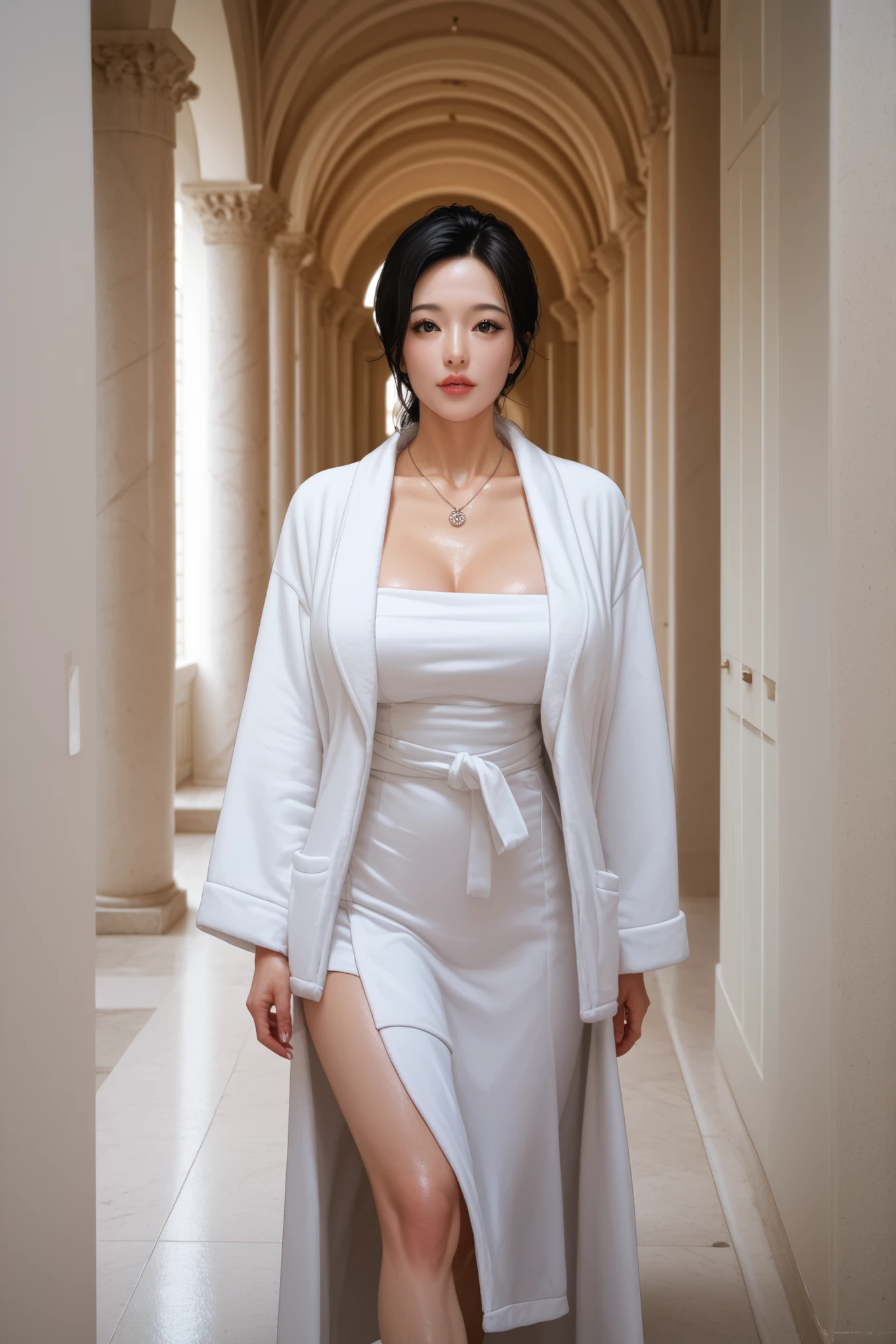 Korean mature woman. mature face. necklace.  black hair. A tube top made of white towels, skirt. White bathrobe. I'm walking through a palace hallway with marble columns. Realistic Ultra HD