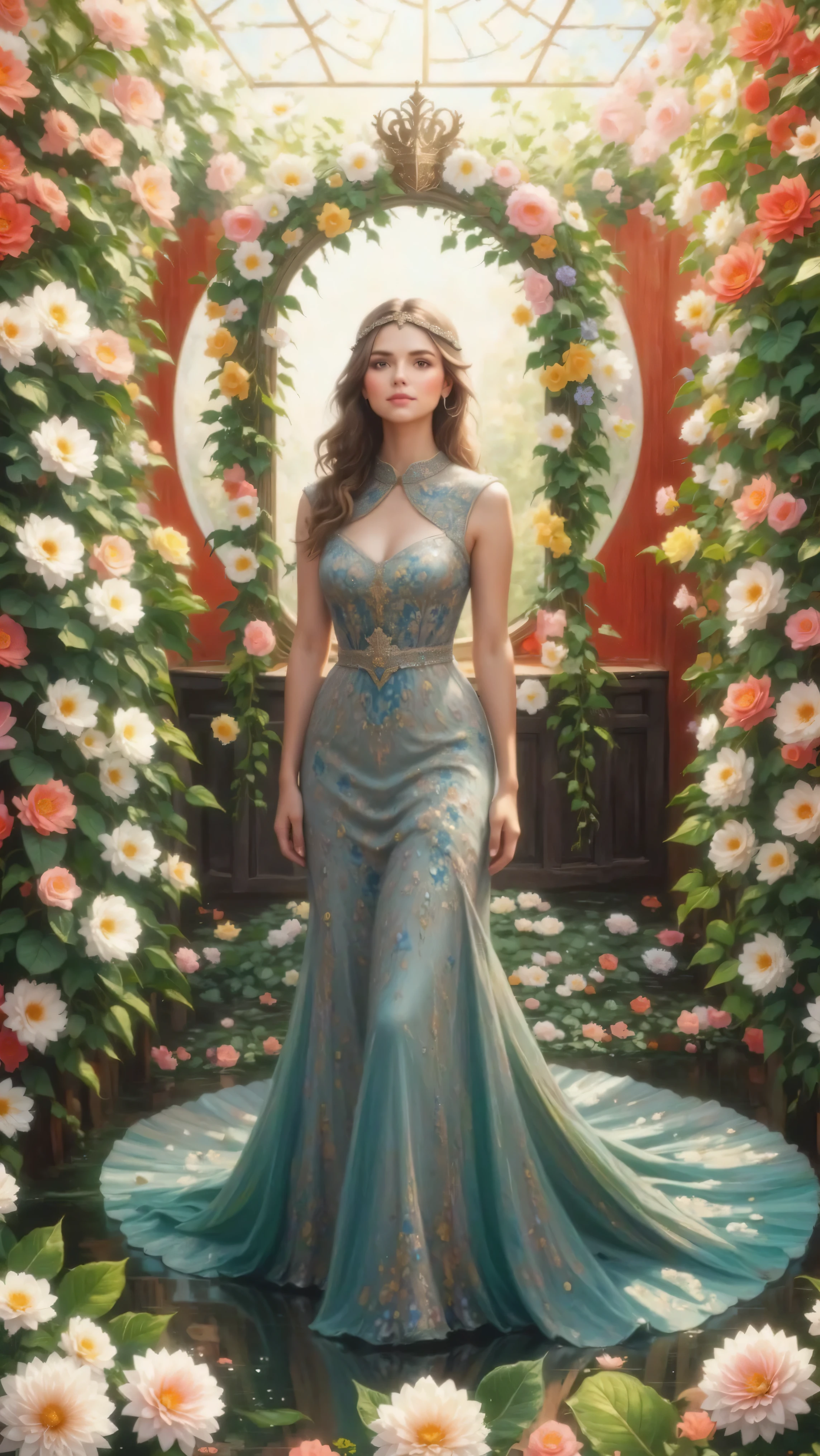 Remix Model stands in a vine garden with a mermaid-style dress in front of a sunset ultra-realistic, photo-realistic