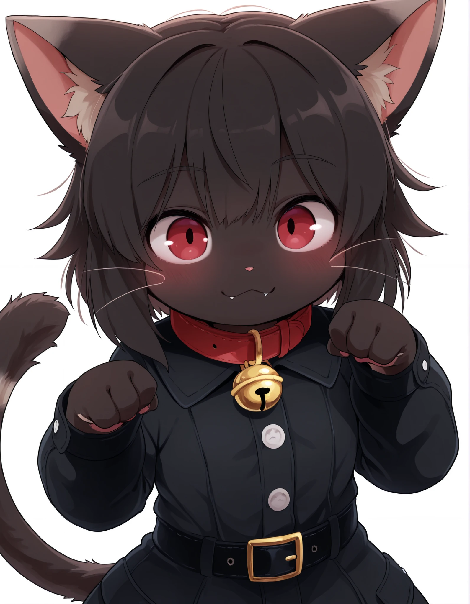 Dagashi,, masterpiece, best quality, very aesthetic, 1girl, solo, white background, looking at viewer, portrait, paw pose, :3, furry female, cat girl, animal ears, black hair, short hair, black skin, red eyes, cat tail, black jacket, buttons, long sleeves, black belt, collar, masterpiece, best quality,