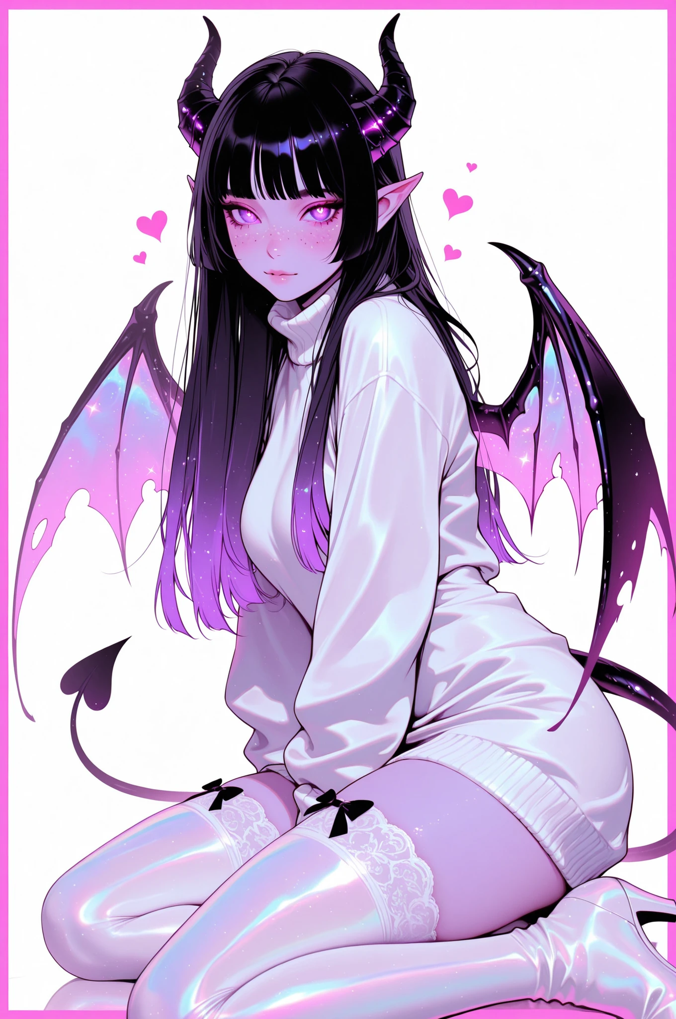 cElesTiana,neon dreamcore,iridescent glow,holographic,pastel void,luminescent skin,celestial tones,smooth reflective surface,glowing eyes,shimmercore,1girl, adult, Red irises, purple pupils, Freckles, long hair, black hair multi-colored hair, white and purple colors hime_cut bangs, Pointed ears, Succubus tail, Freckles all over the body, demon horns, demon wings, demon tail, tight white sweater dress, white lace thigh highs, black bows, white boot heels, fully clothed, white background, pink border, hearts, 
