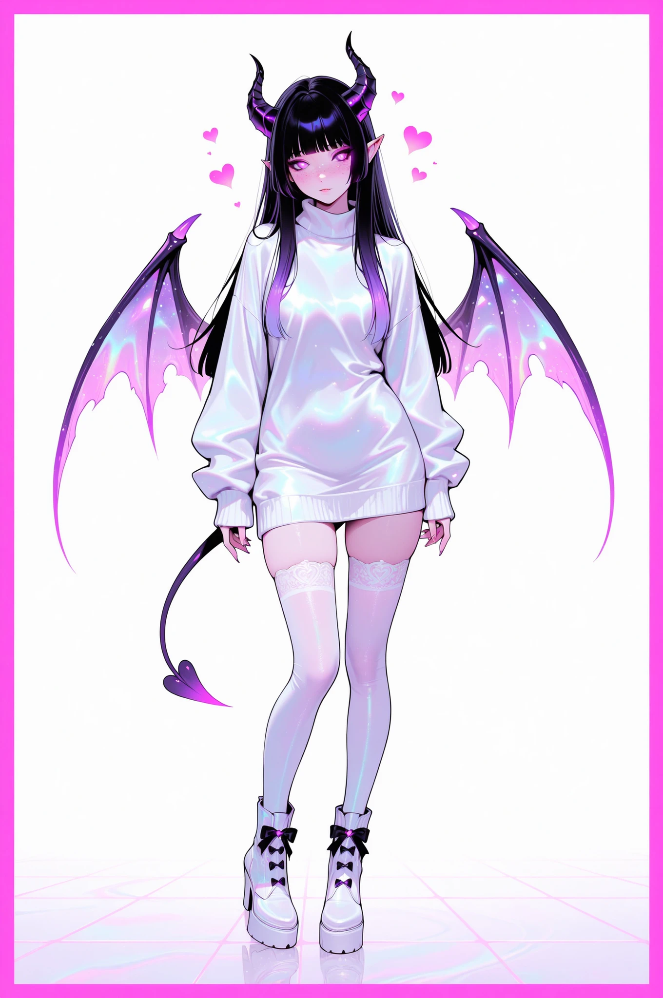 cElesTiana,neon dreamcore,iridescent glow,holographic,pastel void,luminescent skin,celestial tones,smooth reflective surface,glowing eyes,shimmercore,1girl, adult, Red irises, purple pupils, Freckles, long hair, black hair multi-colored hair, white and purple colors hime_cut bangs, Pointed ears, Succubus tail, Freckles all over the body, demon horns, demon wings, demon tail, tight white sweater dress, white lace thigh highs, black bows, white boot heels, fully clothed, white background, pink border, hearts, 
