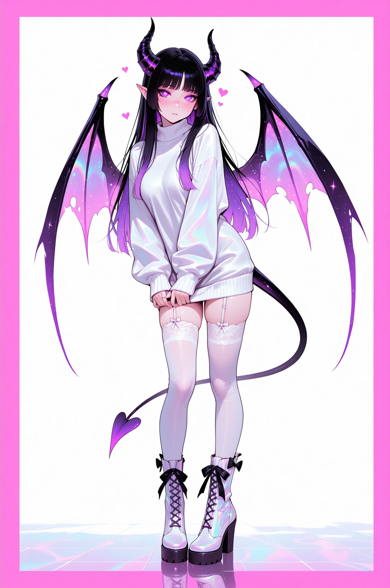 cElesTiana,neon dreamcore,iridescent glow,holographic,pastel void,luminescent skin,celestial tones,smooth reflective surface,glowing eyes,shimmercore,1girl, adult, Red irises, purple pupils, Freckles, long hair, black hair multi-colored hair, white and purple colors hime_cut bangs, Pointed ears, Succubus tail, Freckles all over the body, demon horns, demon wings, demon tail, tight white sweater dress, white lace thigh highs, black bows, white boot heels, fully clothed, white background, pink border, hearts, 