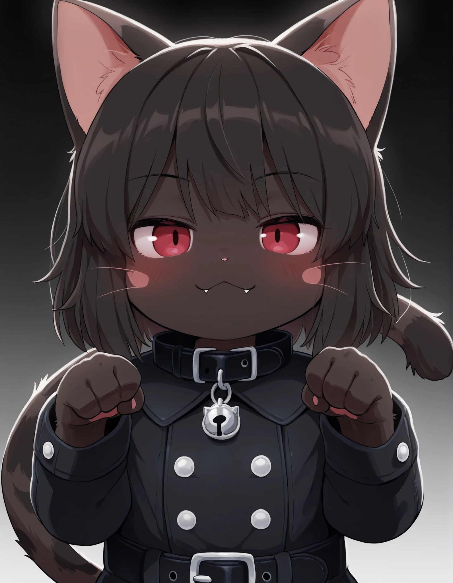 Dagashi,, masterpiece, best quality, very aesthetic, 1girl, solo, white background, looking at viewer, portrait, paw pose, :3, furry female, cat girl, animal ears, black hair, short hair, black skin, red eyes, cat tail, black jacket, buttons, long sleeves, black belt, collar, masterpiece, best quality,