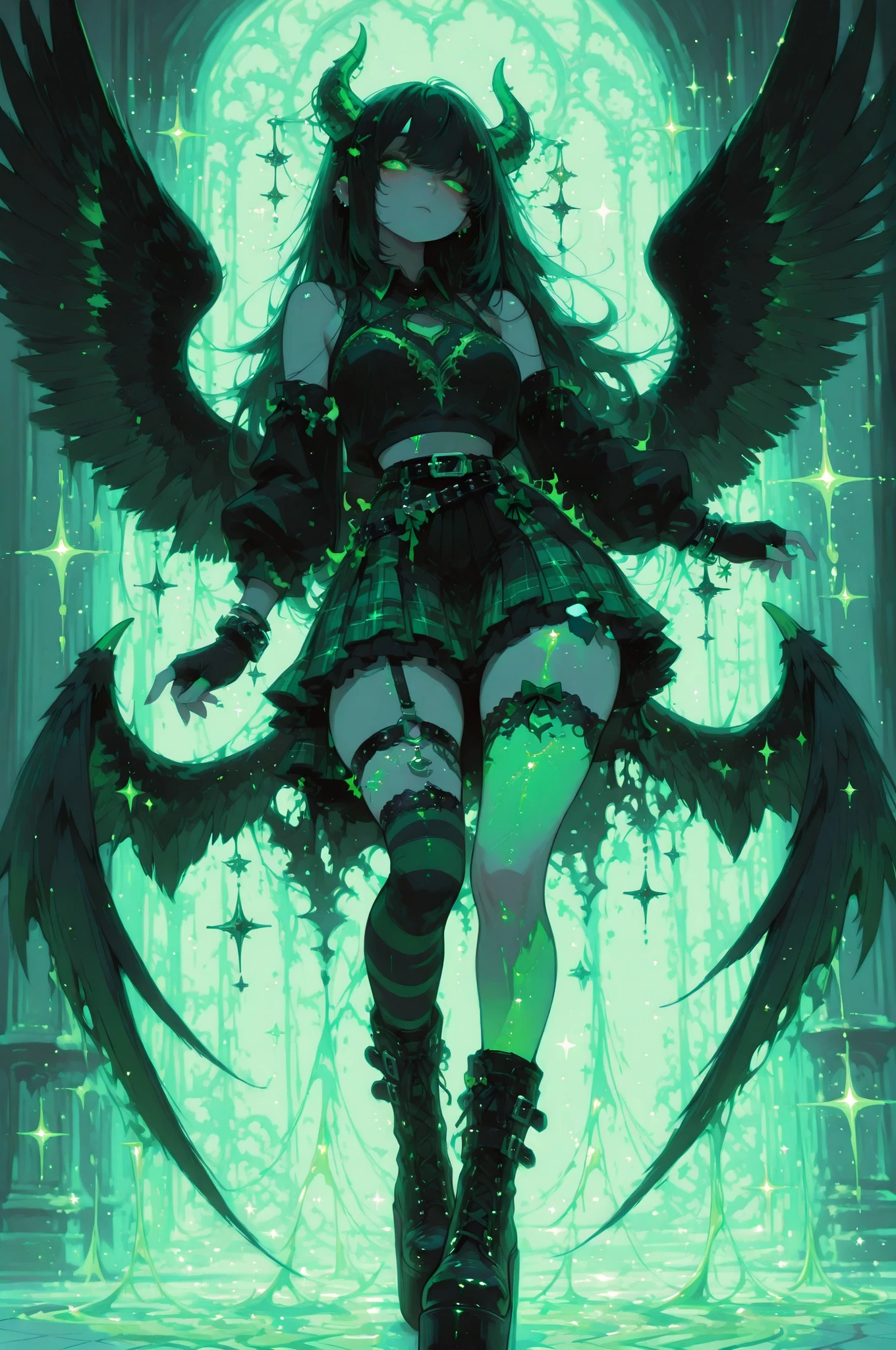 cElesTiana,neon dreamcore,iridescent glow,holographic,pastel void,luminescent skin,celestial tones,smooth reflective surface,glowing eyes,shimmercore,1girl,long flowing black hair, emerald green eyes, demon girl, demon horns, demon black wings, a black cropped sweater with embroidery of stars and moons on the sleeves. underneath, a sheer green mesh top with a high neck and tiny black hearts. a pleated green and black plaid skirt with lace trim. black striped stockings with green bows and black garters. a lot of hairpins, clips, punk style, lace, bright patterned clothing, piercings, studded belts, bracelets, fingerless gloves, black platform boots,split skirt, detached sleeves, cutout, collared, cross-laced slit, short cape, fingerless gloves,single thighhigh, petticoat, layered skirt, asymmetrical sleeves, full body, (glitter, glittering, sparkling, shimmering, sparkles, light effects, glowing accents, high resolution, detailed lighting, sharp focus), a soft green glow outlines her entire body, rich color, beautiful light, perfect contrast, Masterpiece, Best quality